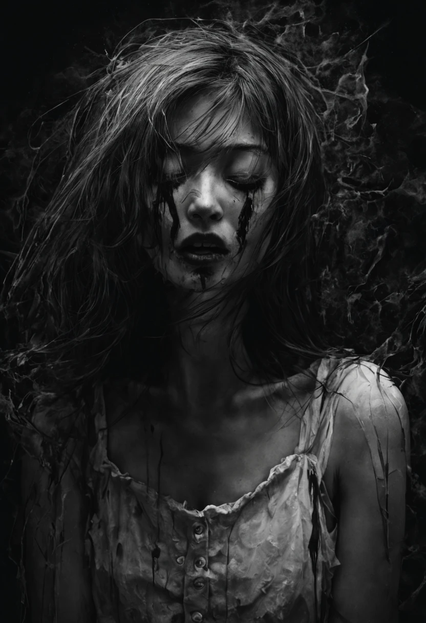 3 girls, ( Best quality, A high resolution, Masterpiece ), ultra detailed,A sense of humor, style, white bloody dress, split, suffering girl, Crying, Japanese, influence , limbo, darkness, abuse, pure sadness, deep emotions, Red Bloods, Male Touch, Ghostly Atmosphere, Terrifying beauty, emotional torment, Nightmare Fuel, Bright colors, Cursed fate, terrible illustration, emotional roller coaster, despair, неописуемая pain, A sense of humor, unbearable grief, A sense of humor-filled eyes,exciting details,сильный fear,Broken Innocence,Breathtaking beauty,heartbreaking scene in the manga,unforgettable tragedy,wounded soul,evil torment,Disturbing Images,Macabre, piece of art,face of an upset girl,Yearning,manga Masterpiece,Japanese A sense of humor aesthetics, Black and white, conversation in Portuguese, 5 pages. (best quality,4k,8k,highres,masterpiece:1.2),ultra-detailed,(realistic,photorealistic,photo-realistic:1.37),NFT,DEAD,One,emptiness,pain,Oneочество,chaos,fear,despair,portrait,desolated,abstract,oil painting,evocative colors,contrast,darkness,despair,expressionistic lighting,lonely figure,chaotic composition,distorted features,haunting eyes,emotional tension,dynamic brushstrokes,texture,injury, loss,entrails,contrast of light and shadow,empty void,infinite possibilities, Heaven and Hell