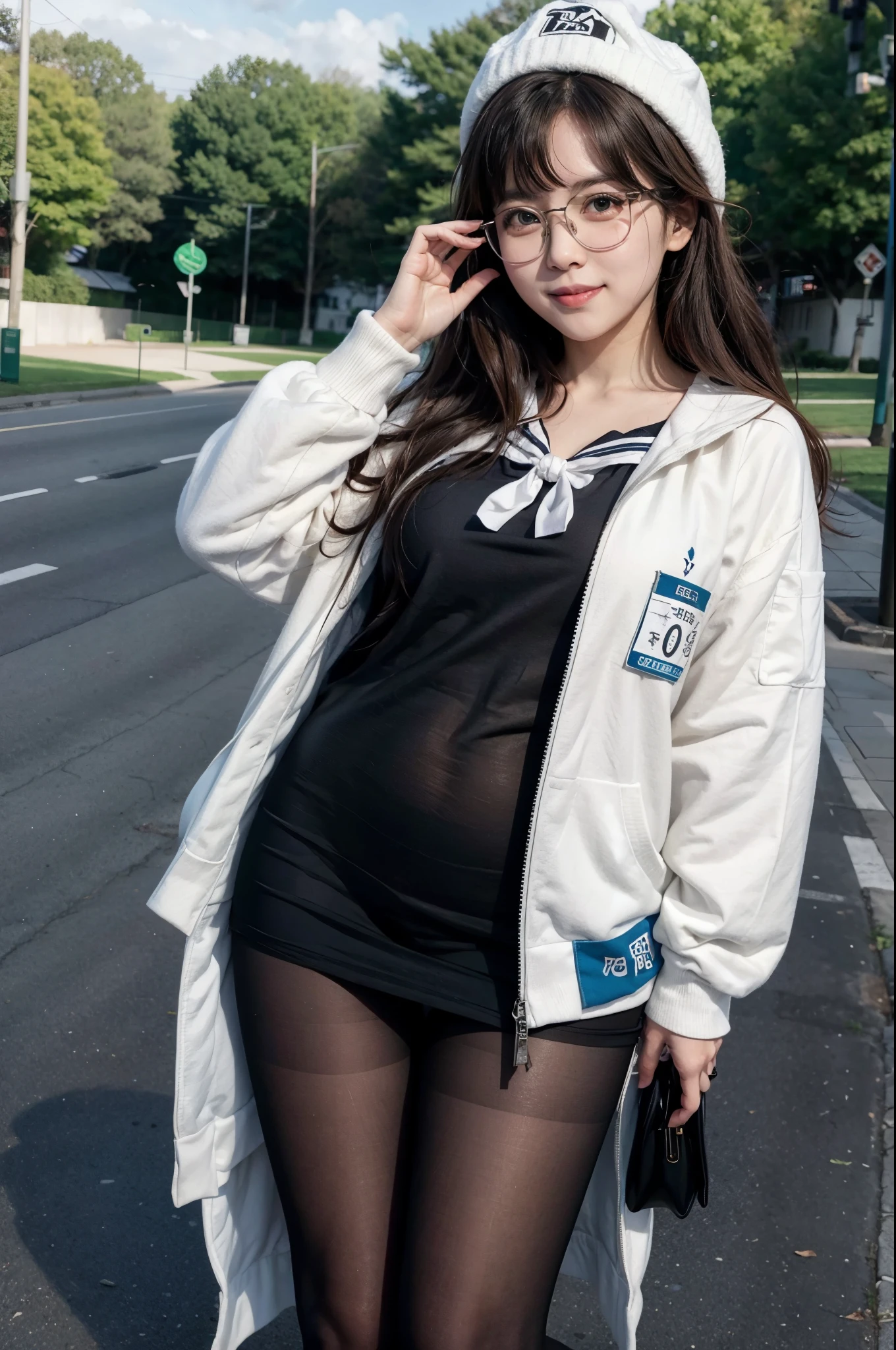 ulzzang-6500-v1.1,  (RAW photo:1.2), (Photoreal), (genuine:1.4), (muste piece),  (wearing a Japanese sailor suit)、high school uniform, A plain and quiet woman wearing glasses, with glasses, (super realistic pantyhose:1.3), Slightly chubby body type、thick glasses, Yoshitomo Nara, tits, japanese goddess, with glasses on, sexy girl,  Otaku-like appearance, big glasses, wore black glasses, Otaku-like, sexy gaze, (very kind smile:1.2)、 ((full body shot:1.16))、date in the park、Super realistic skin texture、shiny skin、