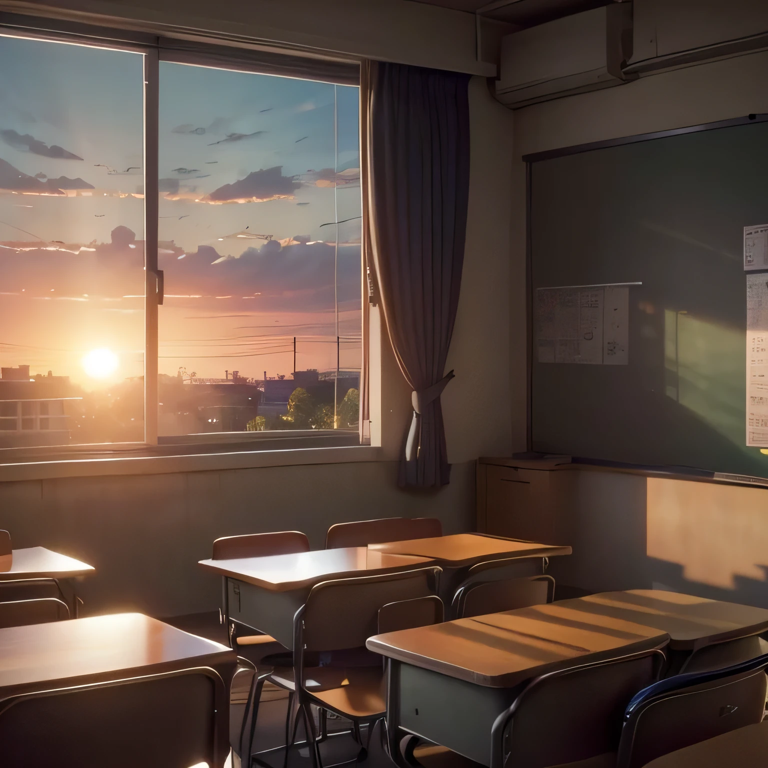 school classroom、classroom at dusk、sentimental landscape、the curtains are fluttering、The sunset is dazzling outside、Graffiti on the blackboard at the back of the classroom、There's a lot of luggage in the locker、