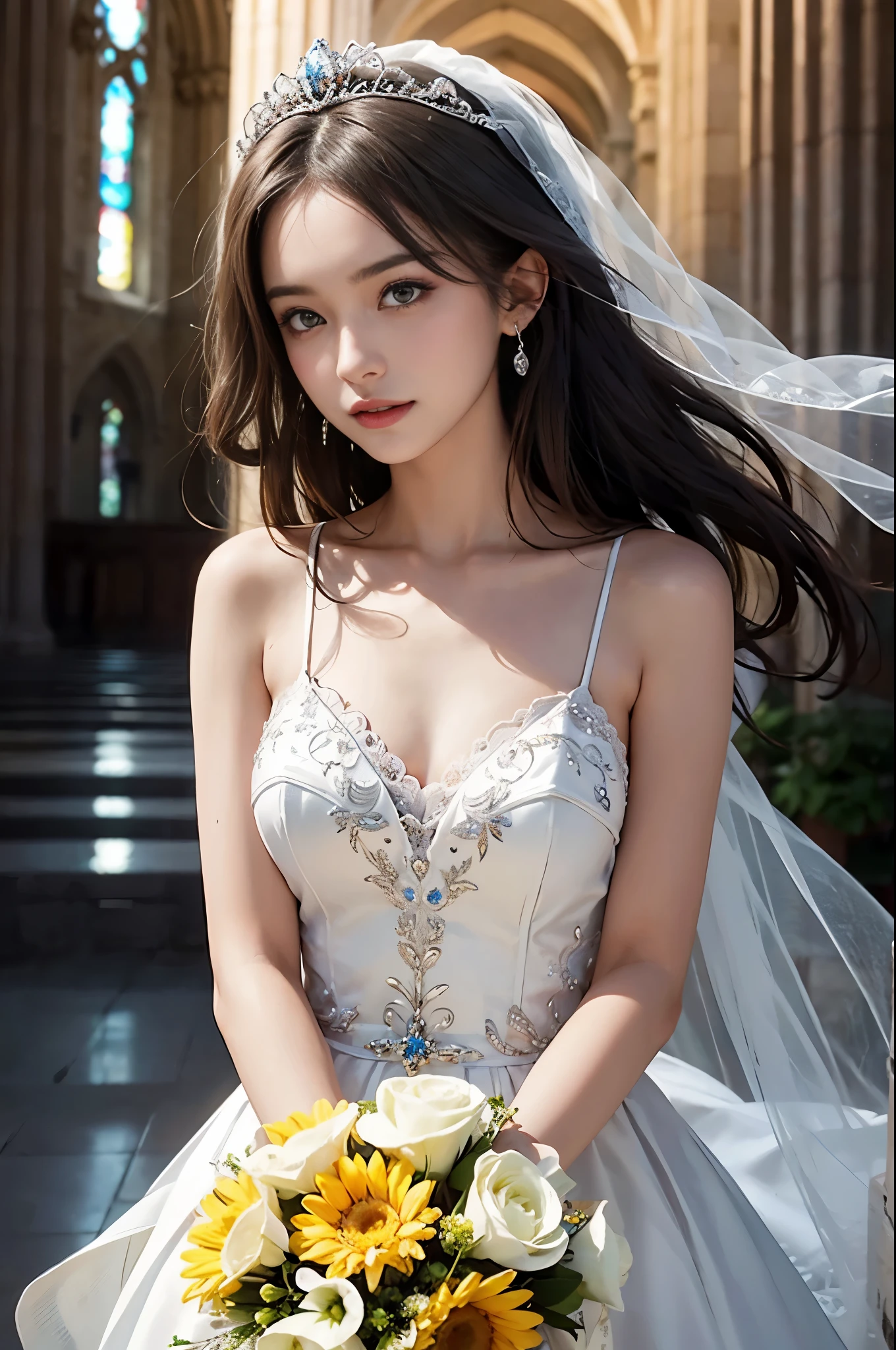 only 1 girl, huge laugh, thin collarbone, medium chest, cute teen, sweet, sun glare, Conservative attire, wedding dress, bridal tiara, bridal veil, bouquet, depth of field, blurred background, Cathedral Background, light particles, strong wind, head tilt, looking back, long hair