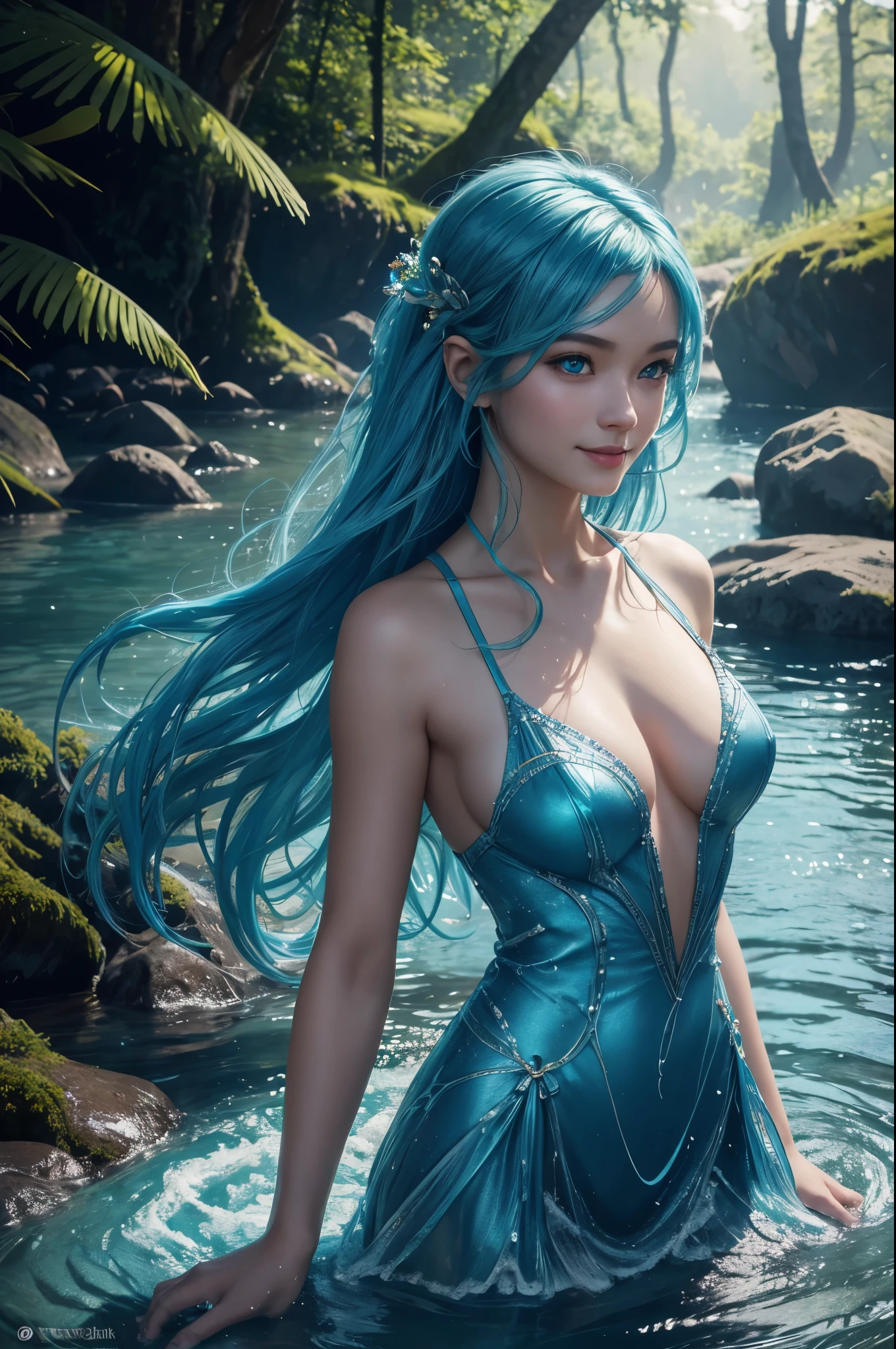 8K,Undine, the smiling water spirit,A body made only of water(whole body),lake in the forest,Beautiful mountains in the distance々,beautiful expression,gorgeous water beautiful dress,beautiful blue hair,masterpiece,Photorealistic RAW photos of the highest quality。bright colors,rich colors, Backlight, cinematic lighting, film grain, to be born, 50mm lens, Nikon D850,detailed character art,fantasy art,ultra high resolution,Super realistic,
