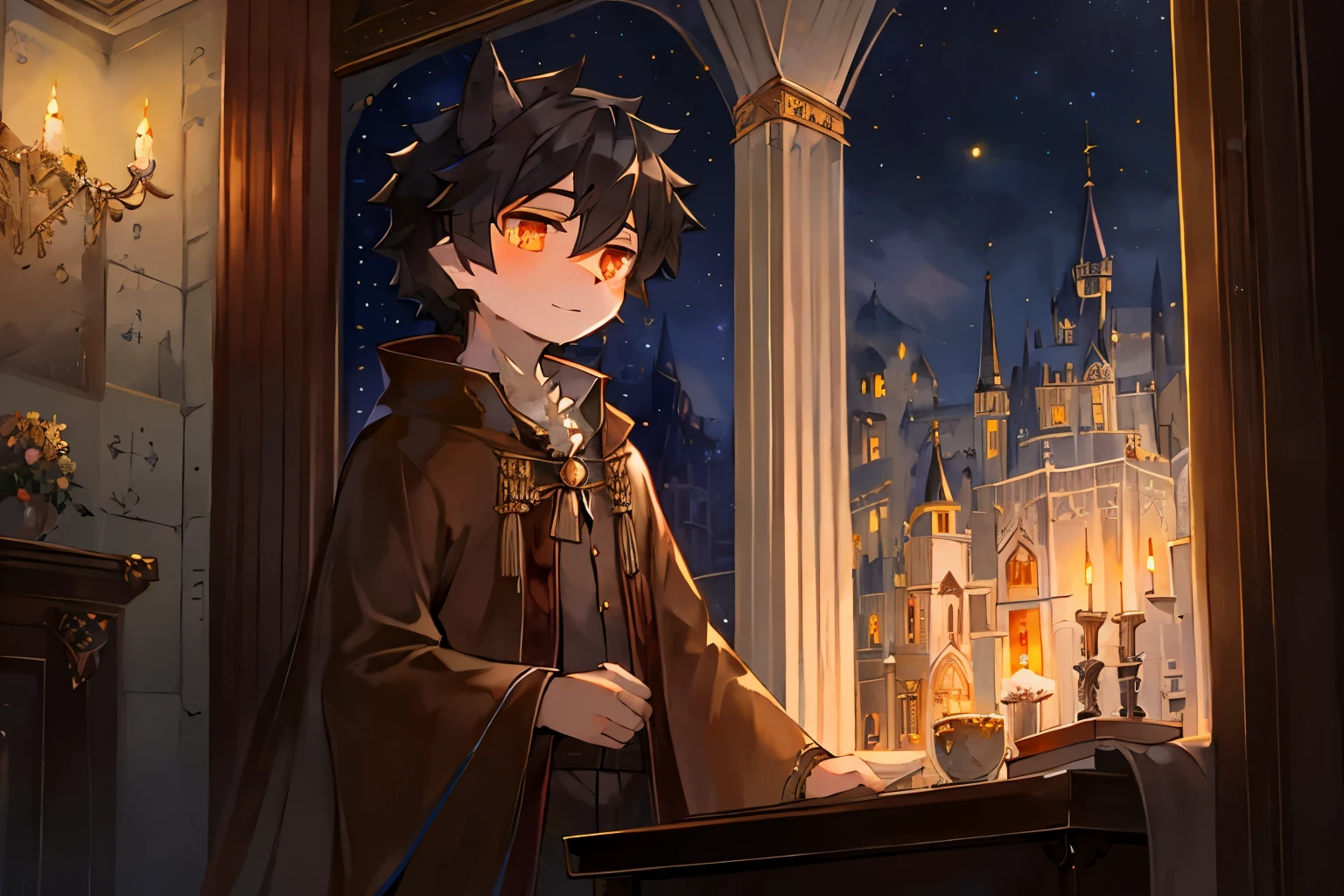 A black-haired wolf,castle,window,table,starry sky,moon,noble,Lovely shota,巨大的table,castle,brown coat,shawl,standing,looking out the window,Orange crystal eyes,Knighthood,Hanfu