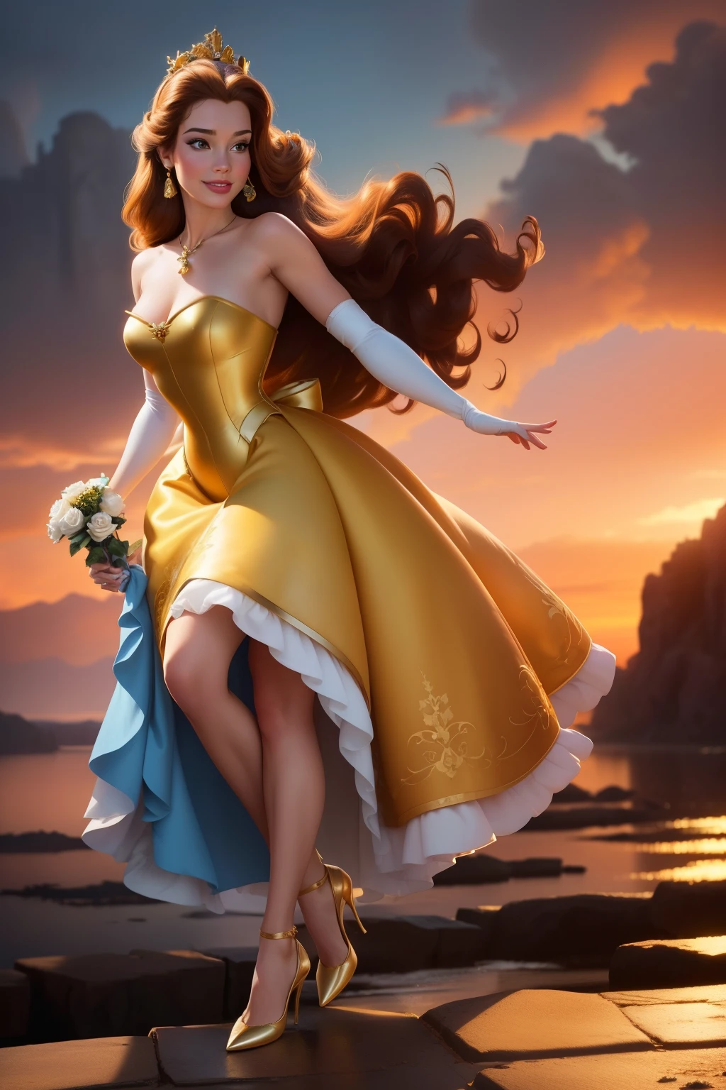 belle, 1girl, solo, long hair, smile, brown hair, hair ornament, gloves, dress, bare shoulders, jewelry, flower, earrings, elbow gloves, hair flower, necklace, rose, hand fan, stairasterpiece:1.2), (best quality), (ultra detailed), (8k, 4k, intricate),(full-body-shot:1), (highly detailed:1.2),(detailed face:1.2), (detailed background),detailed landscape, (dynamic angle:1.2), (dynamic pose:1.2), princess Belle, nacked , short dress , full body look, wear heels 👠, Disney p