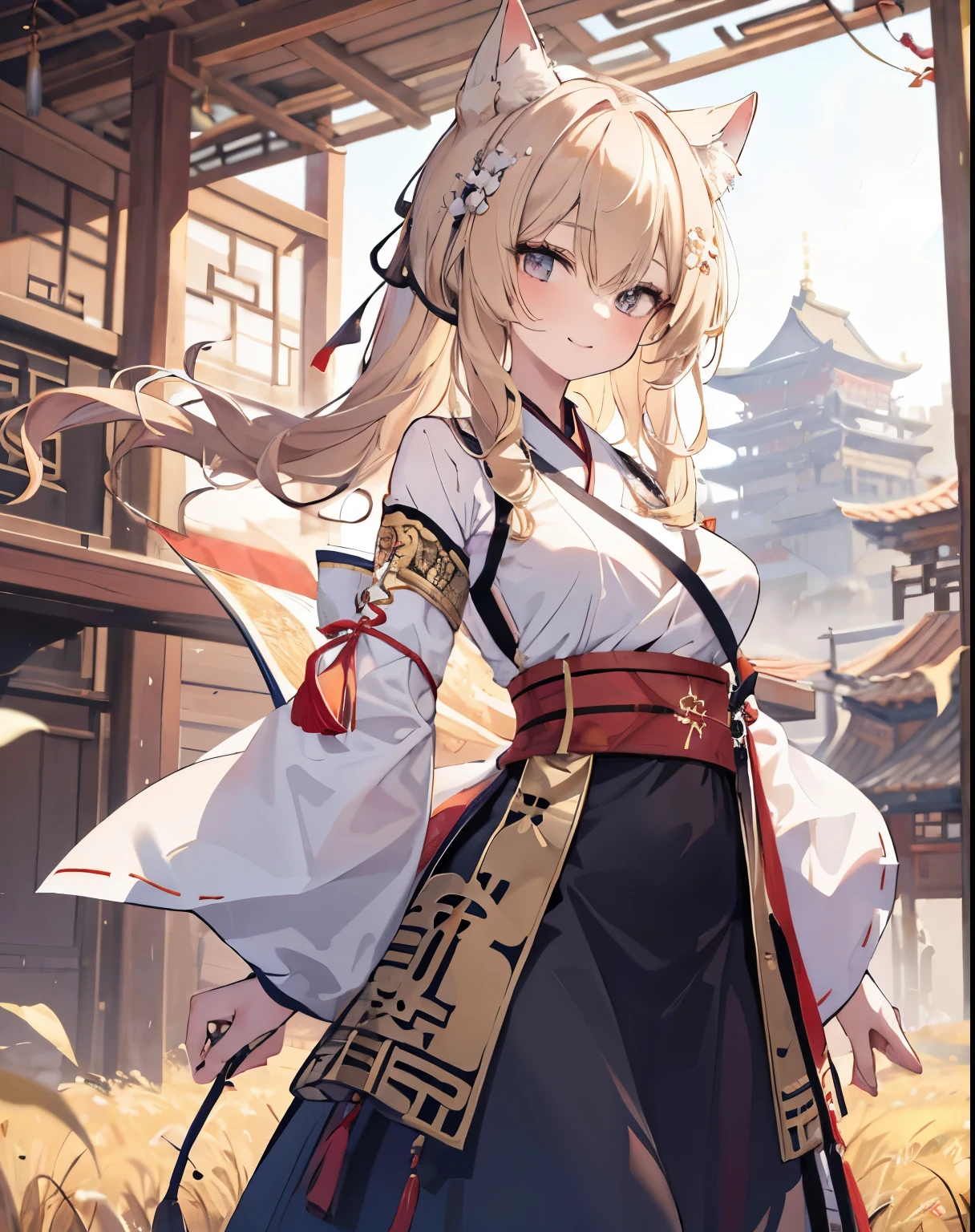 masterpiece,1girl, sparrow, a blonde haired girl, wearing a medieval chinese villager clothes, curly medium hair, messy hair, black skirt, white hanfu, slim body, big breasts, she close her left eye, shirt ornament, ****ppai, hair ribbon, seductive smile, beautiful breasts, rounded breasts, crimson eyes, flared skirt, plaid skirt, she stands in the wheat field, iochi mari, cat ears