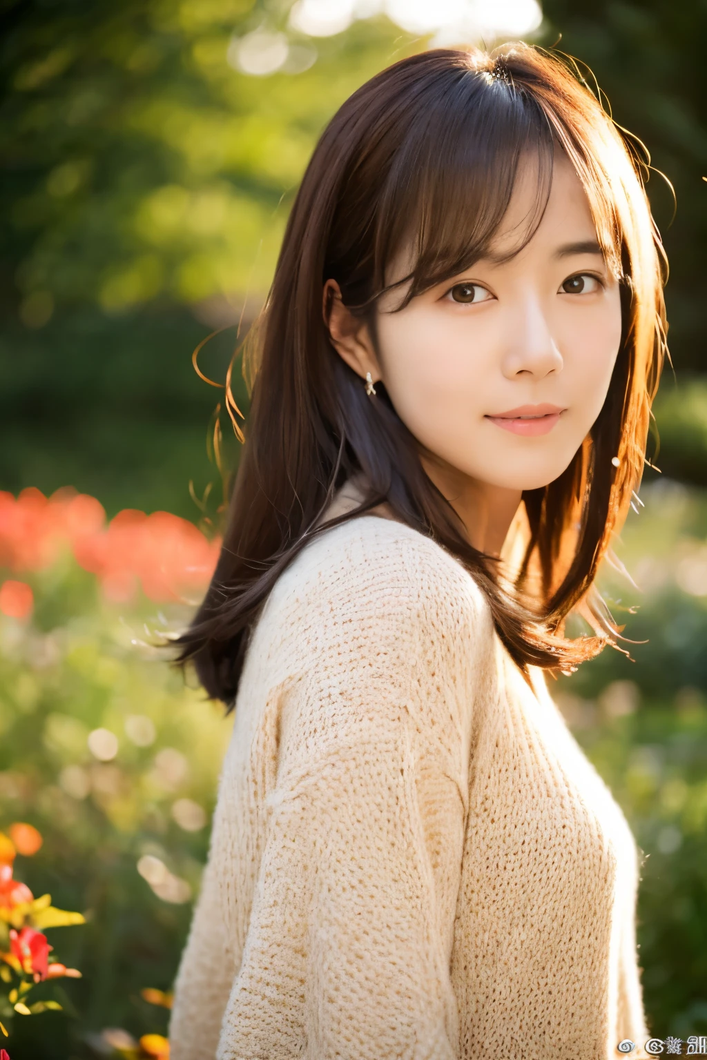 portrait, 8K, high quality, realistic photo images, 39 years old, japanese woman, clear,sexy, Wearing a knitted sweater,Reproduces natural and realistic eyes, japanese stand, waiting for someone, beautiful brown hair, beautiful lighting, golden ratio composition, hair combing gesture, natural background, garden, 4K, high quality, realistic photo images, beautiful,  chest, Neat beauty, 