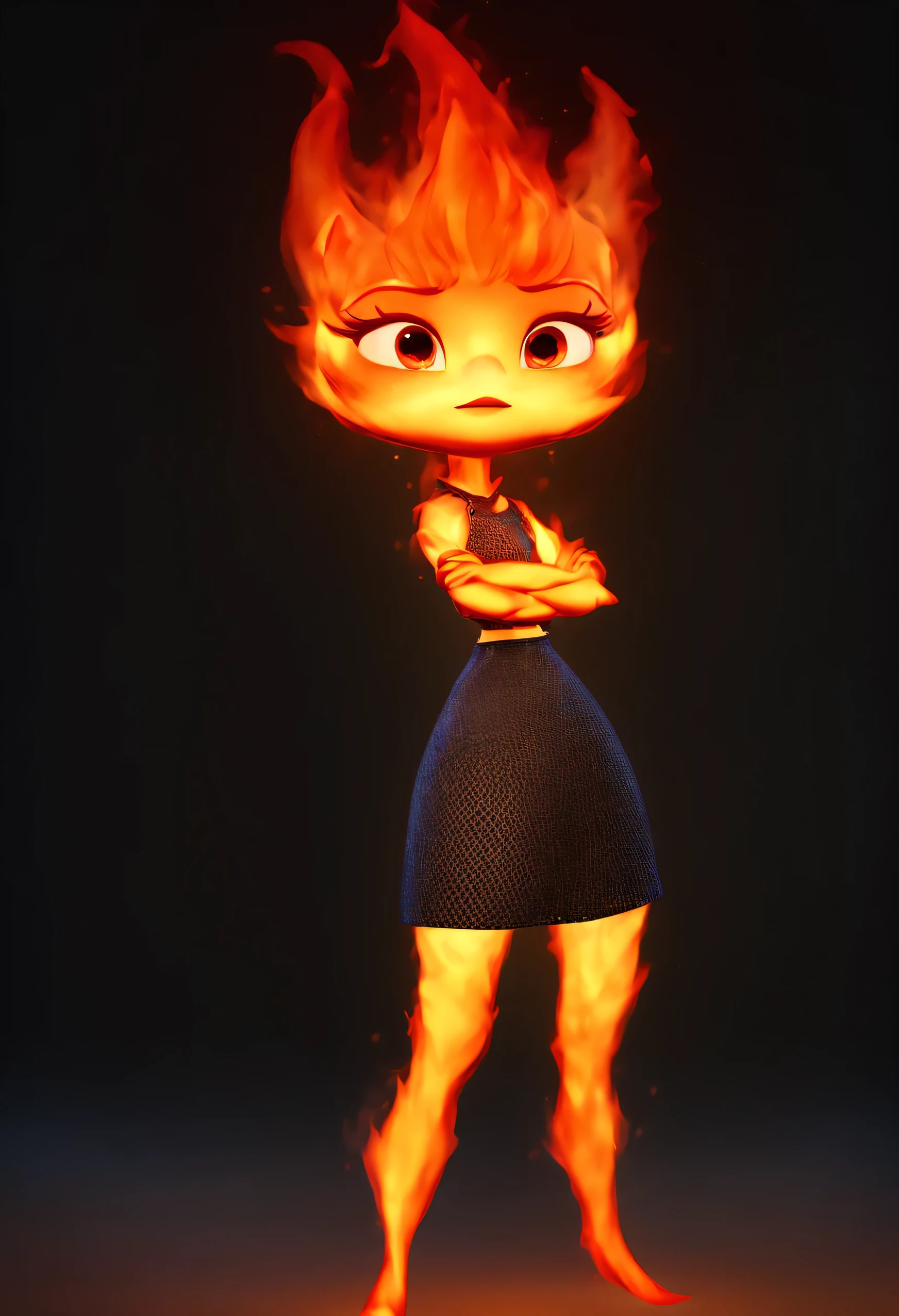 small ember lumen concept art, fiery ember lumen, full body portrait, standing with crossed arms, upset, cute little ember lumen, (chibi character 1.3), perfect 8k render, cgi masterpiece, hyper realistic materials, highly detailed vfx portrait, made entirely from fire gradients, black background