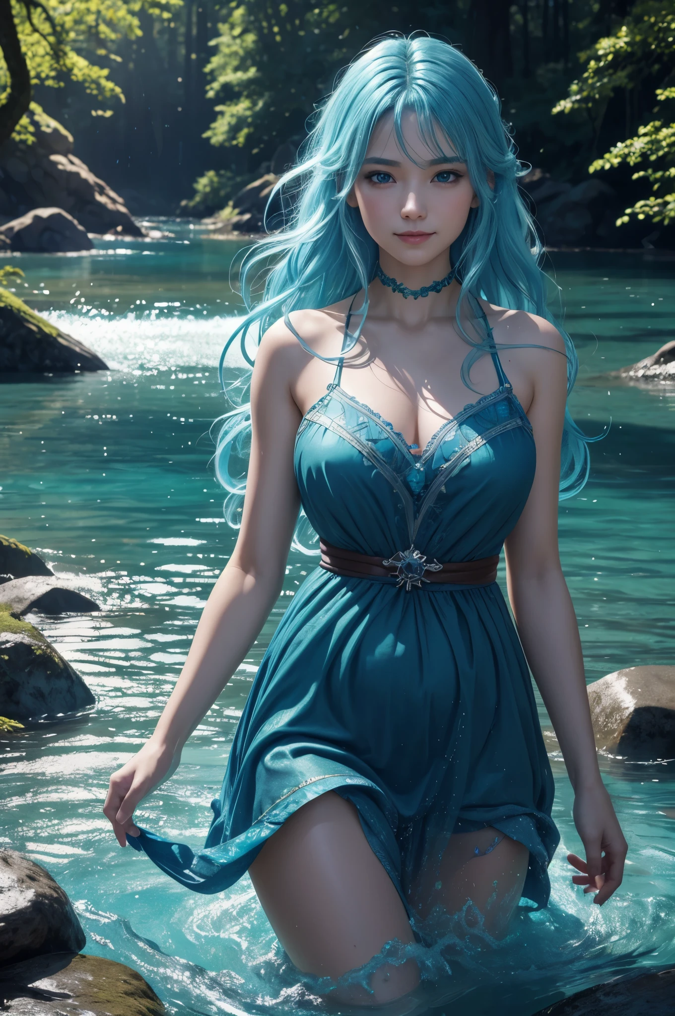 8K,Undine, the smiling water spirit,A body made only of water(whole body),lake in the forest,Beautiful mountains in the distance々,beautiful expression,beautiful dress of water,beautiful blue hair,masterpiece,Photorealistic RAW photos of the highest quality。bright colors,rich colors, Backlight, cinematic lighting, film grain, to be born, 50mm lens, Nikon D850,detailed character art,fantasy art,ultra high resolution,Super realistic,