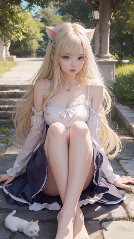 full body, laugh together, bright look、photorealism、highest quality、ultra high resolution、photograph、絶妙に美しい北欧生まれの女の子のphotograph、extraordinary beautiful girl、Detailed cute and beautiful face、(Pure Eros Face_v1:0.008)、beautiful bangs、alice in wonderland、18-year-old、glowing white shiny skin、Flow of hair that extends to the face、bangs between the eyes、super long hair、Charming light and dark platinum blonde super long straight silky hair、thin hair、Charming shining beautiful bright clear light blue big eyes、white apron、yellow dress、eyeliner、double eyelids、rich bust、two girls、cat ears、great laugh togetherter、short skirt、white lace underskirt、pink panties、