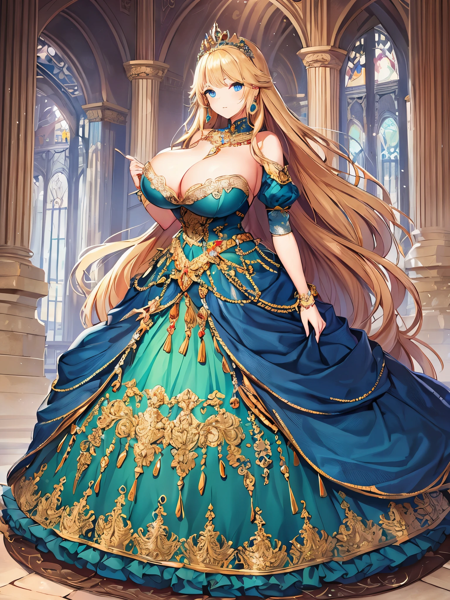 anime artstyle,Masterpiece,Best Quality,Super Detail,Very Delicate and Beautiful,Solo,full body,full body portrait,((1 bling-bling princess in a jeweled rococo ballgown with beautiful embroidery)),(((very very gigantic tits))),cleavage,Skindentation,((fantasy castle,outdoor)),((crinoline,long train)),super detailed gorgeous princess ballgown with voluminous full length hoop skirt,gorgeous princess rococo ballgown with long train,gorgeous princess rococo ballgown with beautiful embroidery and jeweled,(detailed face and eyes),jewel-like eyes,((big hair,extremely voluminous straight Hair,Extremely Long Straight Hair)),extremely gorgeous hair ornament,((extremely gorgeous bling-bling big tiara)),bling-bling luxurious jewelry,((super detailed jeweled gorgeous princess rococo ballgown with voluminous full length hoop skirt)),full body