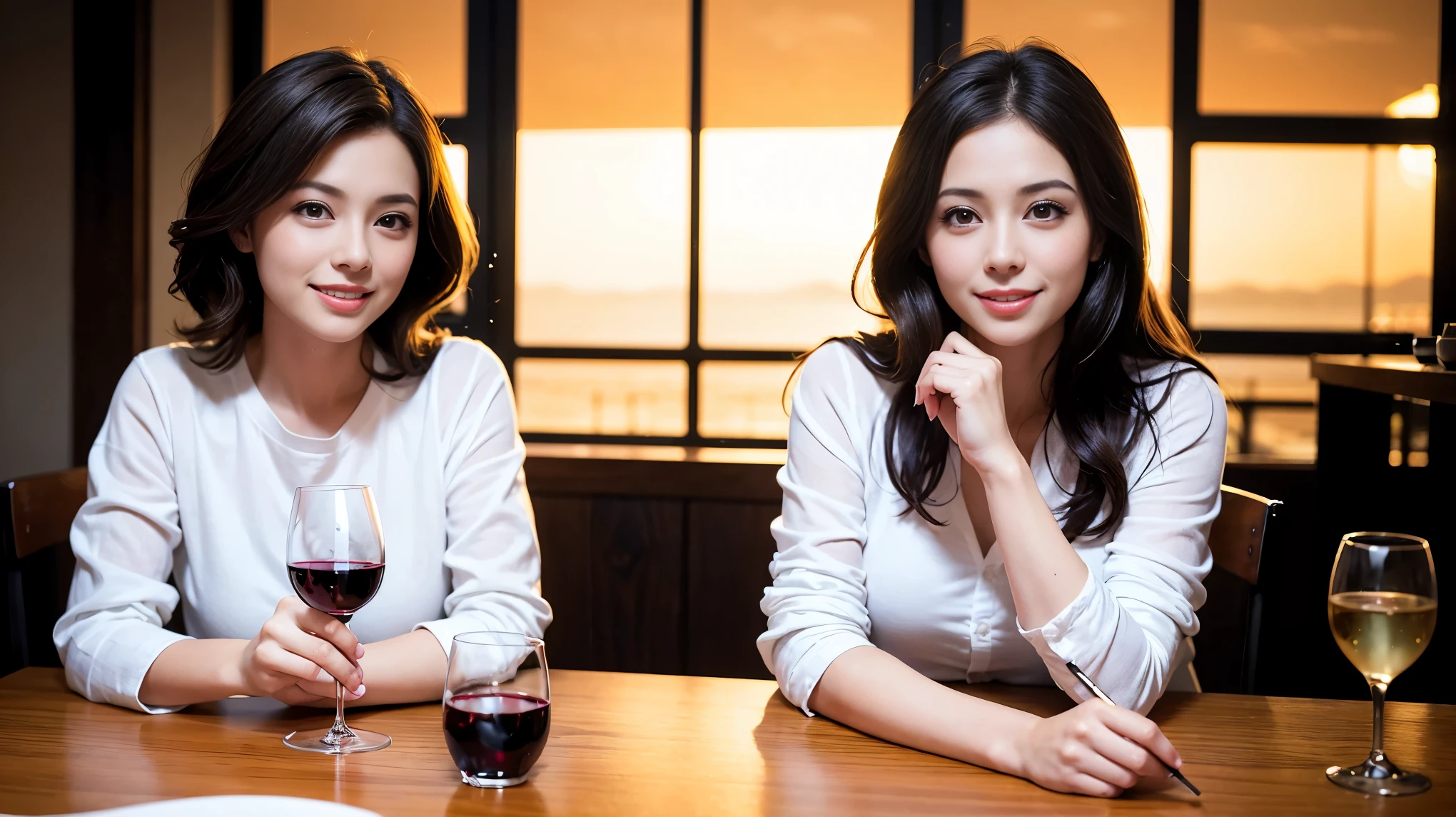 (including 64k, nffsw, highest quality, table top: 1.2), (realistic, photorealistic: 1.37),sky and cloud view、best scenery、Spectacular sunset view、 long sleeve shirt、winter fashion、Columbia、Brazilian、Japanese、Dutch、German、Portuguese、Belgian、Italian、French,Champagne、sparkling wine、 (slimフェイス), (slimボティ), (brown hair), (shortcut), neat beauty、cheeks turn a little red, (35 years old), 38 years old, alone, 窓の外には美しく緻密なnight景が広がります., restaurant, wine glassが座っている, nightに, in a prominent place (from the Upper body) nova frog style, actress, model, Upper body, White wine, slim, wine glass, Super Clean night View, wine glass Put in the Middle, Happy smile, (smile: 1.15), beautiful and detailed eyes, Upper body, bust japan up, night, short, short, actress, model, Upper body, White wine, slim, wine glass, Super Clean night View, wine glass Put in the Middle, Happy smile,