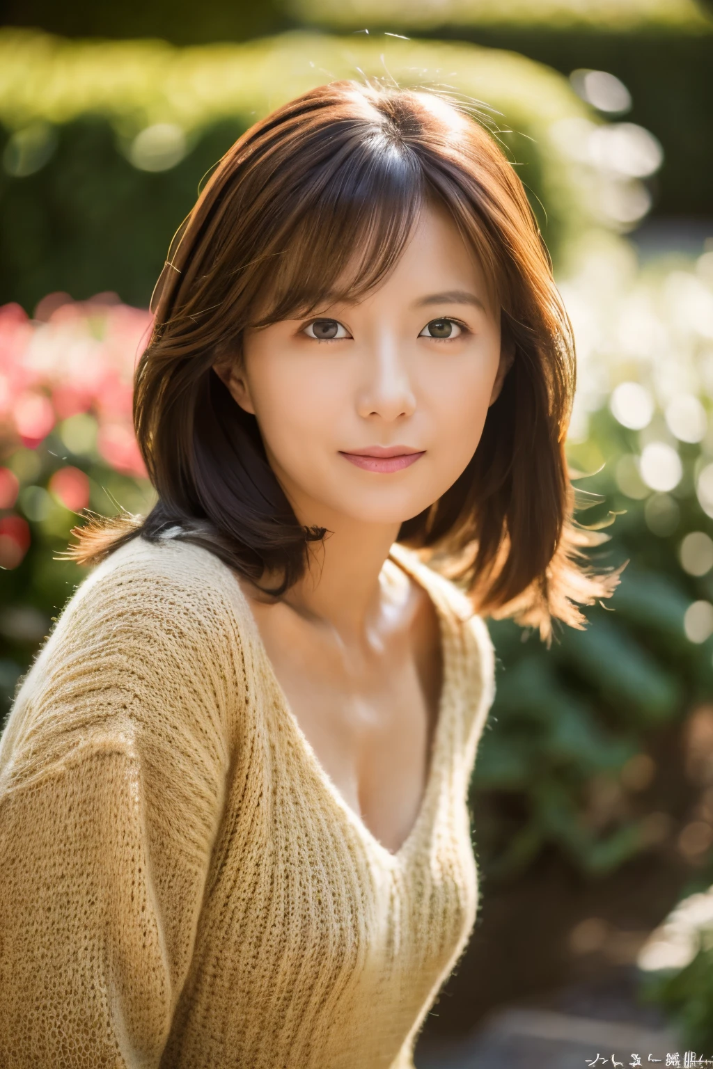 portrait, 8K, high quality, realistic photo images, 39 years old, japanese woman, clear,sexy, Wearing a knitted sweater,Reproduces natural and realistic eyes, japanese stand, waiting for someone, beautiful brown hair, beautiful lighting, golden ratio composition, hair combing gesture, natural background, garden, 4K, high quality, realistic photo images, beautiful, chest, Neat beauty,