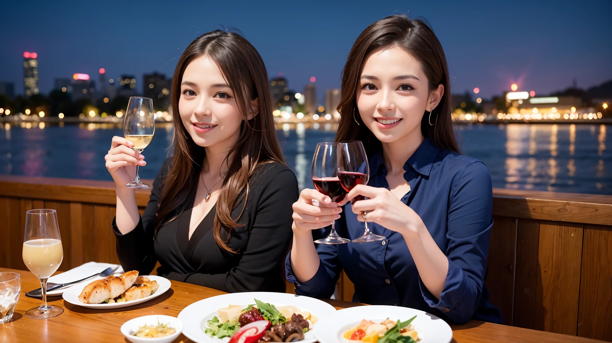 (including 64k, nffsw, highest quality, table top: 1.2), (realistic, photorealistic: 1.37),sky and cloud view、best scenery、Spectacular sunset view、 long sleeve shirt、winter fashion、Columbia、Brazilian、Japanese、Dutch、German、Portuguese、Belgian、Italian、French,Champagne、sparkling wine、 (slimフェイス), (slimボティ), (brown hair), (shortcut), neat beauty、cheeks turn a little red, (35 years old), 38 years old, alone, 窓の外には美しく緻密なnight景が広がります., restaurant, wine glassが座っている, nightに, in a prominent place (from the Upper body) nova frog style, actress, model, Upper body, White wine, slim, wine glass, Super Clean night View, wine glass Put in the Middle, Happy smile, (smile: 1.15), beautiful and detailed eyes, Upper body, bust japan up, night, short, short, actress, model, Upper body, White wine, slim, wine glass, Super Clean night View, wine glass Put in the Middle, Happy smile,