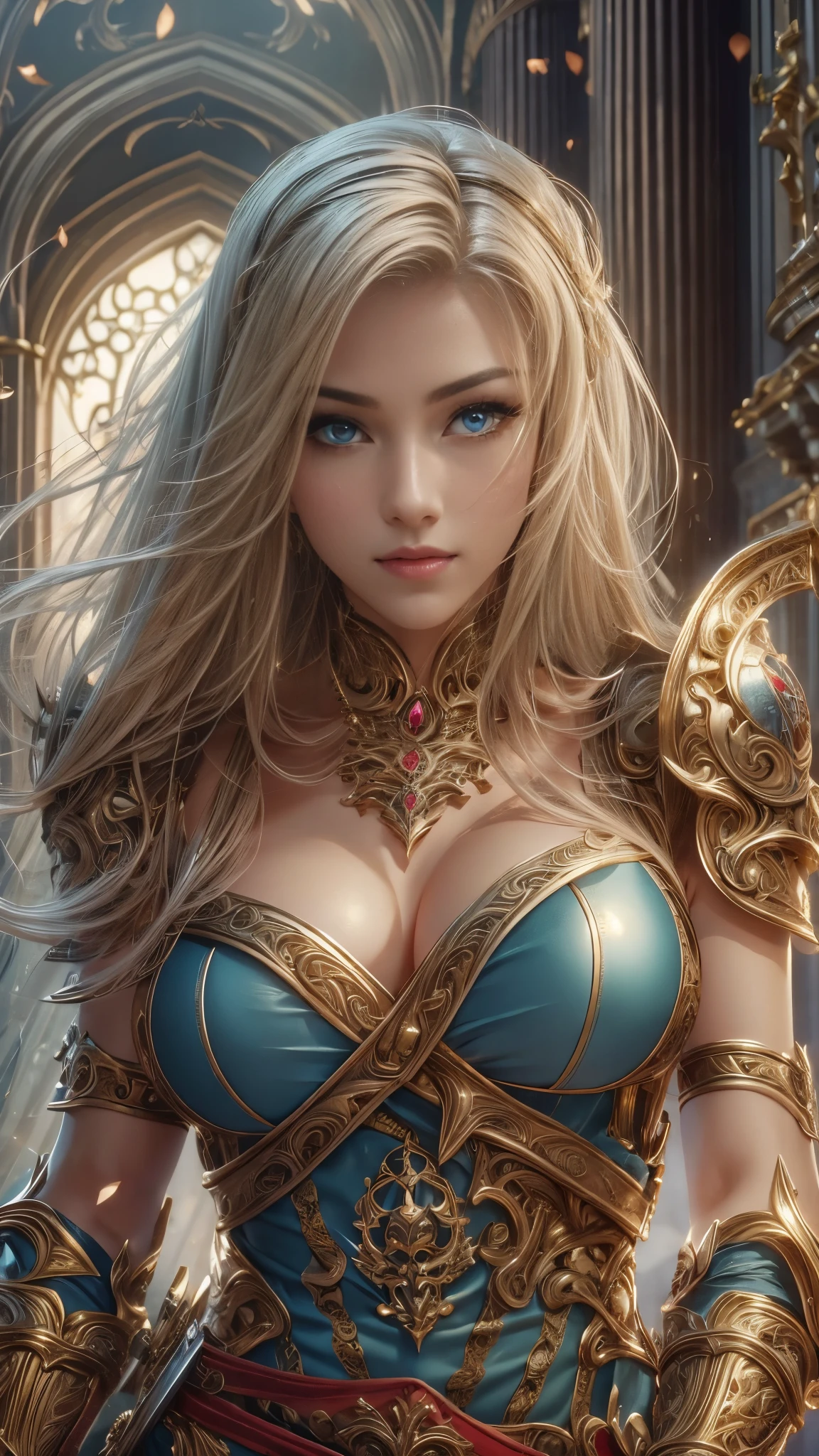 (RAW shooting:1.5, Photoreal:1.5, 8k, highest quality, masterpiece, ultra high resolution), medieval europe, world of magic and swords, perfect dynamic composition:1.2, Mysterious:1.3, Highly detailed skin and facial textures:1.3, cute and sexy slim female warrior, beautiful and aesthetic:1.2, cute and sexy beauty, perfect style, wear elaborate rings, Pose holding a large sword, fire, water, Wind, thunder, ice, Fair skin, very beautiful face, (Medium chest, Chest gap), (embarrassing smile, The expression on your face when you feel intense caress, Facial expression when feeling pleasure), (sexy gold metallic armor:1.1, off shoulder, Navel exposure), (beautiful blue eyes, Eyes that feel beautiful eros:0.8), (Too erotic:0.9, Bewitching:0.9), full body shot, Ancient castle in the background