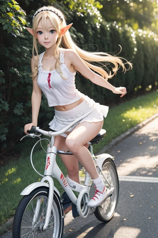 Masterpiece, high quality, 8k, ultra detailed, sharp focus, (Pretty, cute innocent white 12 year old), long messy blonde hair, blue eyes, (cycling), cycling helmet, (huge round breasts), (pink nipples), pink pussy, posing inside a pond, outdoors, water to knee high, shadows, smiling, happy, sweating, hot day, deep forest,
