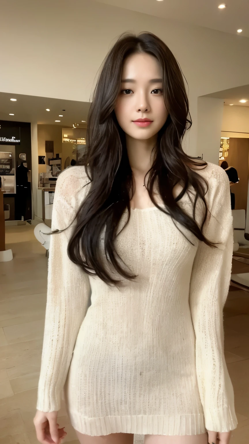 ((top-quality、8k、masterpiece:1.3))、Beautiful woman with perfect body:1.4、slim abdomen:1.2、Longhair, normal breast, Highly detailed facial and skin texture, A detailed eye, delicate eyes, double eyelid, (smile), (full body shot), ((standing on shopping mall)), (standing), (((wearing white sweater dress1.1 )), looking in front