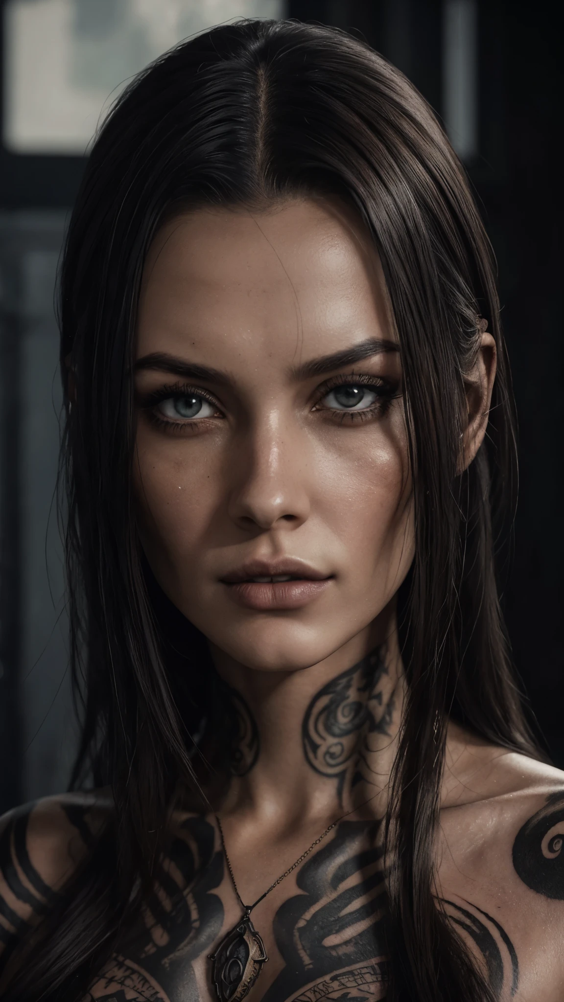 Half portrait of a slender woman, tattooed character, fantasy long black hair, detailed, Bright, bronze rustic filter effect, toned and defined physique, Intense red eyes, Epic Battle Scars, Divine Complexion, and dark hair radiates a powerful aura, cinematic focus, A high resolution, A high resolution, unreal engine 5, Resolution 8K, incredibly highly detailed visuals