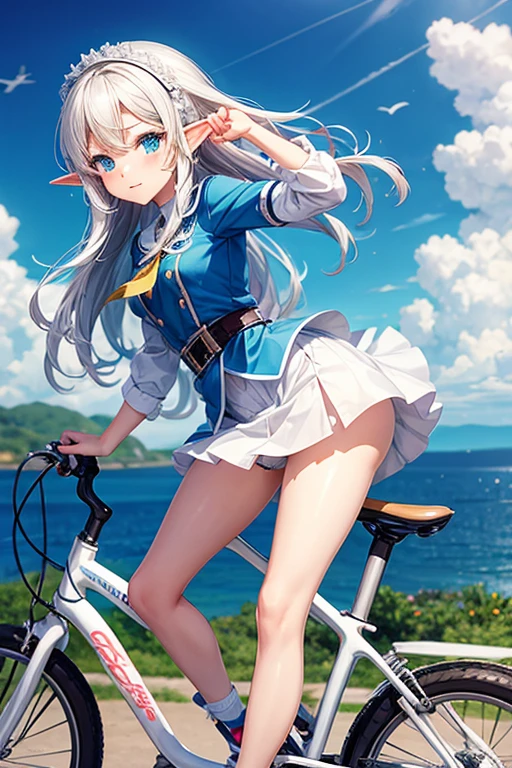 elf cute anime girl riding a bicycle, miniskirt, white panties,