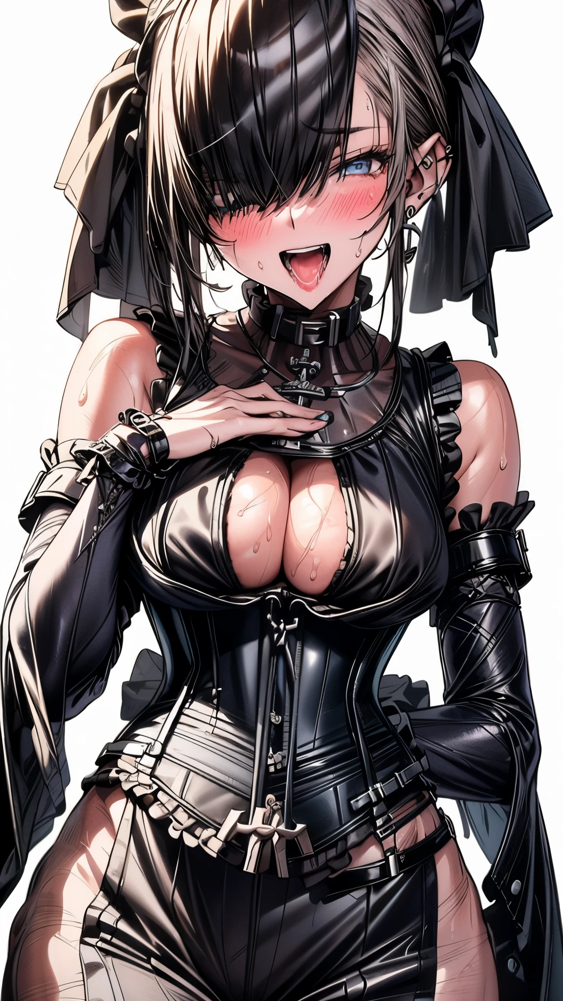(((masterpiece)))、((highest quality))、(super detailed)、(CG illustration)、(so beautiful ))、cinematic light、(((1 Mechanical Girl)))、 SF、Apocalypse、erotic grotesque、(beautiful and luxurious:1.2)、(1 girl:1.3)、facing the front, (double breasted,under bust:1.2), button gap,(((corset belt))),(((high waist mile((wet with sweat))