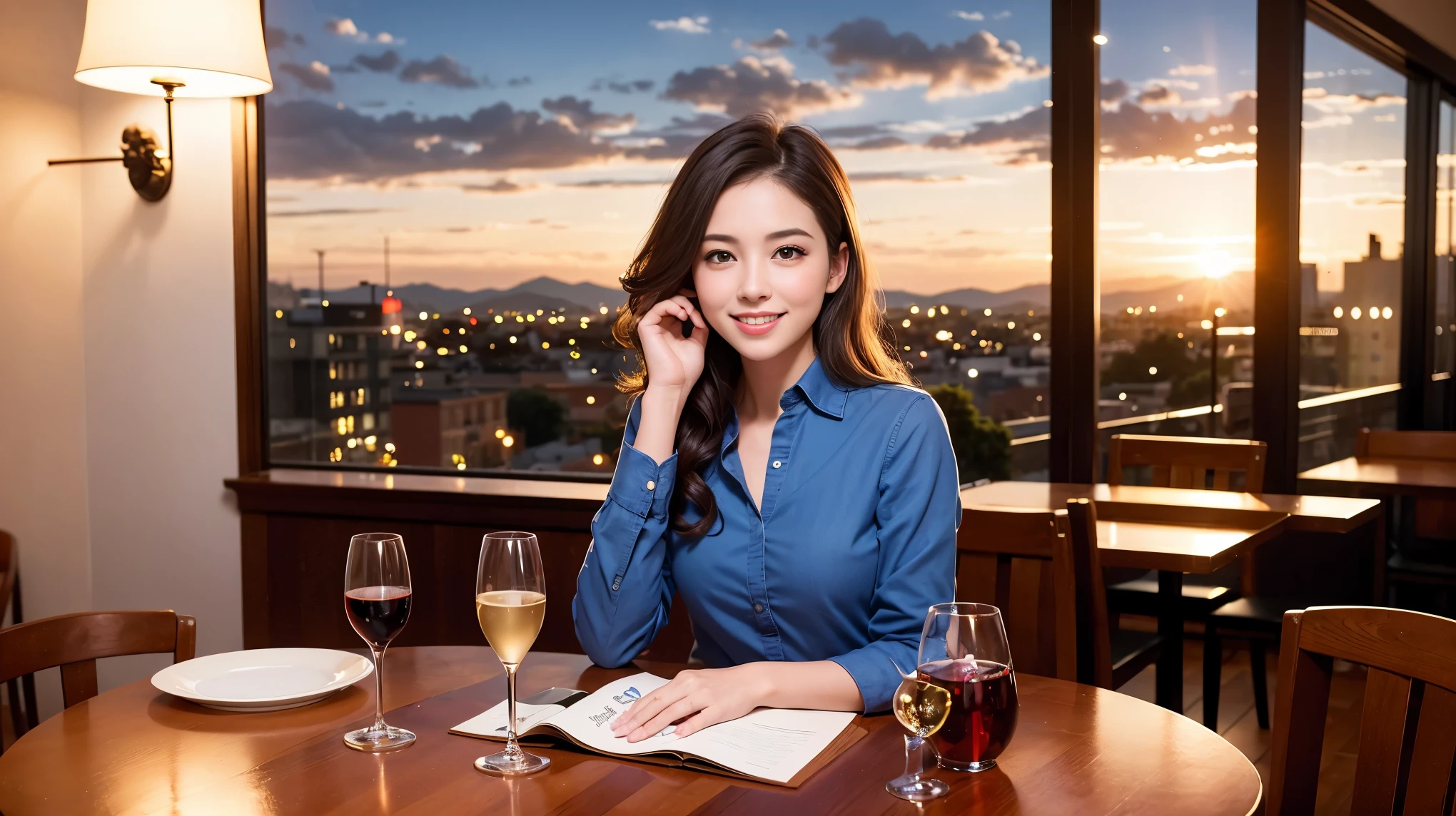 (including 64k, nffsw, highest quality, table top: 1.2), (realistic, photorealistic: 1.37),Spectacular view of the evening sky, clouds, and rainbow、best scenery、Spectacular sunset view、 long sleeve shirt、winter fashion、Columbia、Brazilian、Japanese、Dutch、German、Portuguese、Belgian、Italian、French,Champagne、sparkling wine、 (slimフェイス), (slimボティ), (brown hair), (shortcut), neat beauty、cheeks turn a little red, (35 years old), 38 years old, alone, 窓の外には美しく緻密なnight景が広がります., restaurant, wine glassが座っている, nightに, in a prominent place (from the Upper body) nova frog style, actress, model, Upper body, White wine, slim, wine glass, Super Clean night View, wine glass Put in the Middle, Happy smile, (smile: 1.15), beautiful and detailed eyes, Upper body, bust japan up, night, short, short, actress, model, Upper body, White wine, slim, wine glass, Super Clean night View, wine glass Put in the Middle, Happy smile,