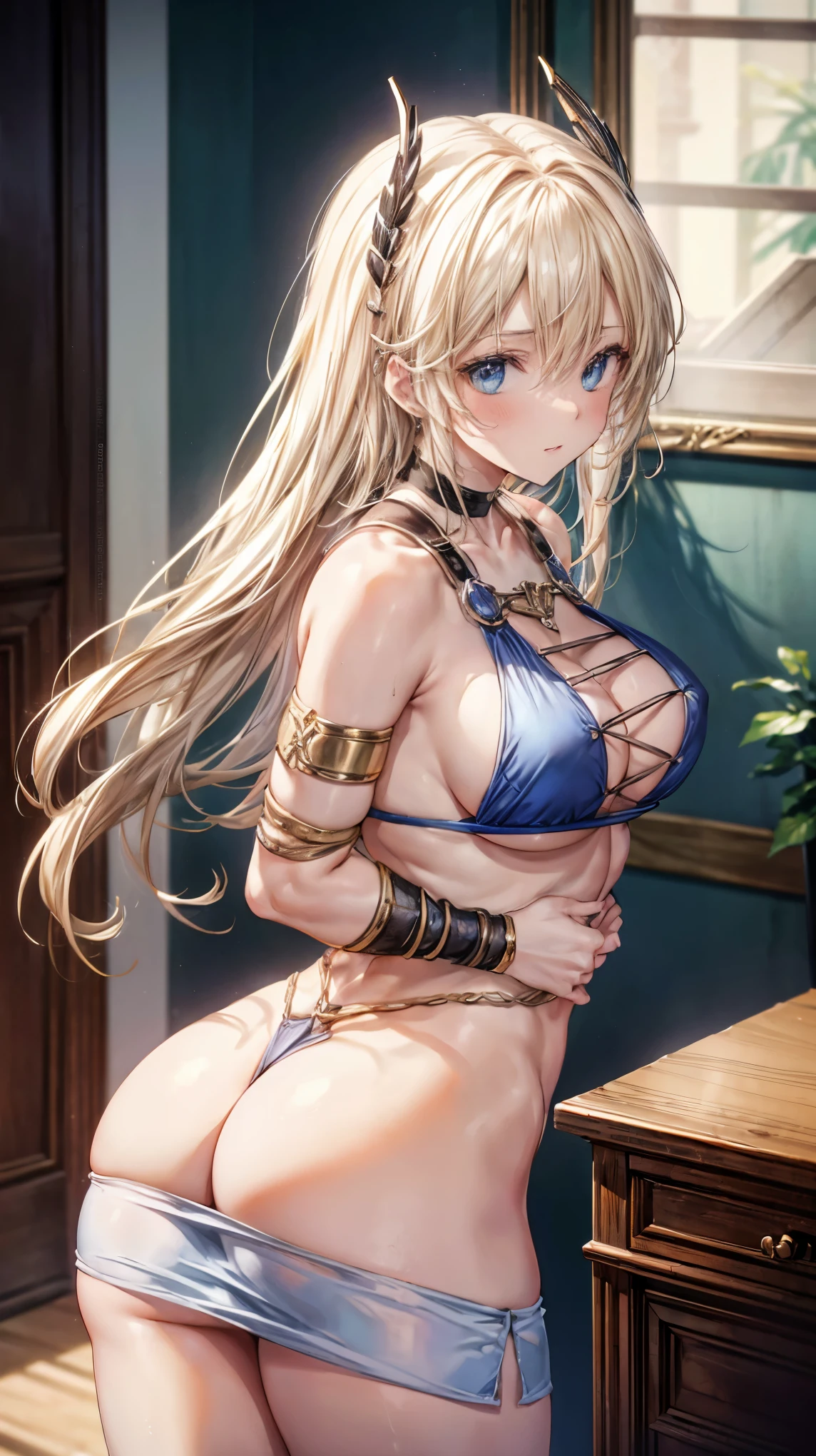 sensual, long blonde hair, thick thighs, 8k, highest quality, High resolution、cute anime face, noise reduction, shining blue eyes, gentle smile, kind eyes、toned abdominal muscles, muscular arms, muscular legs, young face, anime eyes, (((big breasts、A chest that is about to burst)))、(((bondage style)))、(((Rear view、I'll turn around、T-back song that bites into your butt)))、(Sophitia Alexandra)