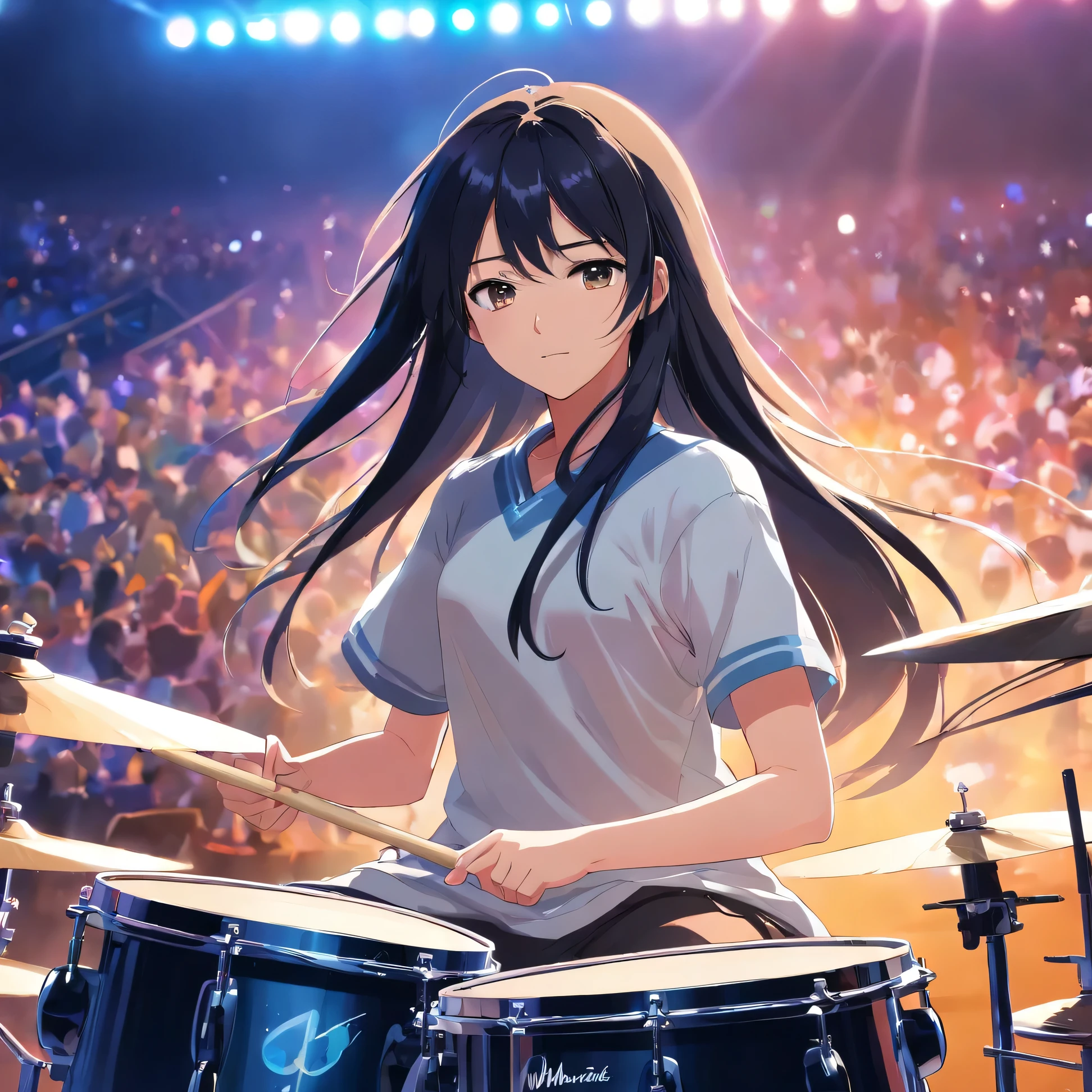 play drums on live stage、long black hair girl