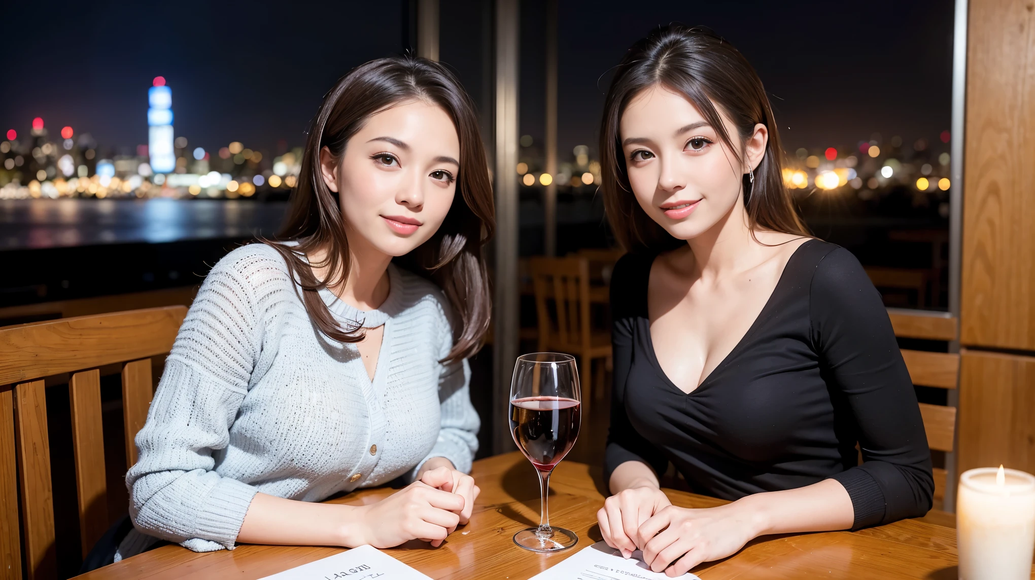 (including 64k, nffsw, highest quality, table top: 1.2), (realistic, photorealistic: 1.37),Spectacular view of the evening sky, clouds, and rainbow、best scenery、Spectacular sunset view、 long sleeve shirt、winter fashion、Columbia、Brazilian、Japanese、Dutch、German、Portuguese、Belgian、Italian、French,Champagne、sparkling wine、 (slimフェイス), (slimボティ), (brown hair), (shortcut), neat beauty、cheeks turn a little red, (35 years old), 38 years old, alone, 窓の外には美しく緻密なnight景が広がります., restaurant, wine glassが座っている, nightに, in a prominent place (from the Upper body) nova frog style, actress, model, Upper body, White wine, slim, wine glass, Super Clean night View, wine glass Put in the Middle, Happy smile, (smile: 1.15), beautiful and detailed eyes, Upper body, bust japan up, night, short, short, actress, model, Upper body, White wine, slim, wine glass, Super Clean night View, wine glass Put in the Middle, Happy smile,
