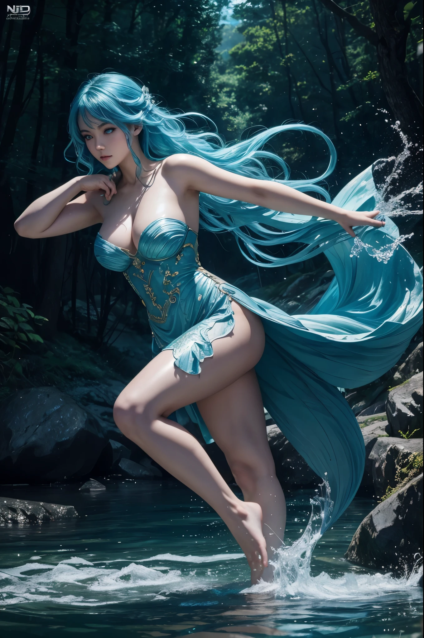 8K,Water Spirit Undine,A body made only of water(whole body),lake in the forest,Beautiful mountains in the distance々,beautiful expression,gorgeous water beautiful dress,beautiful blue hair,masterpiece,Photorealistic RAW photos of the highest quality。bright colors,rich colors, Backlight, cinematic lighting, film grain, to be born, 50mm lens, Nikon D850,detailed character art,fantasy art,ultra high resolution,Super realistic,fighting pose,dynamic pose,