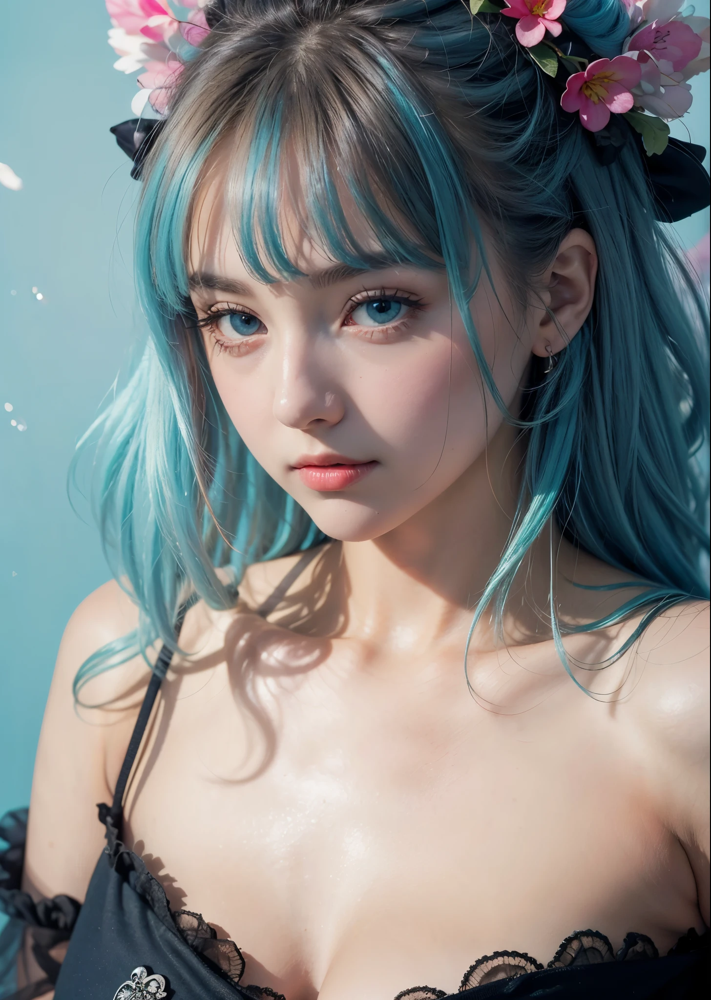 Psychedelic world、lolita fashion、Cute 1 girl、18 year old girl、big eyes、small breasts、light blue hair、color ink splash background、fractal background、perfect lighting、sharp focus、High definition、high resolution、High color rendering、High resolution、Super realistic、photo realistic 