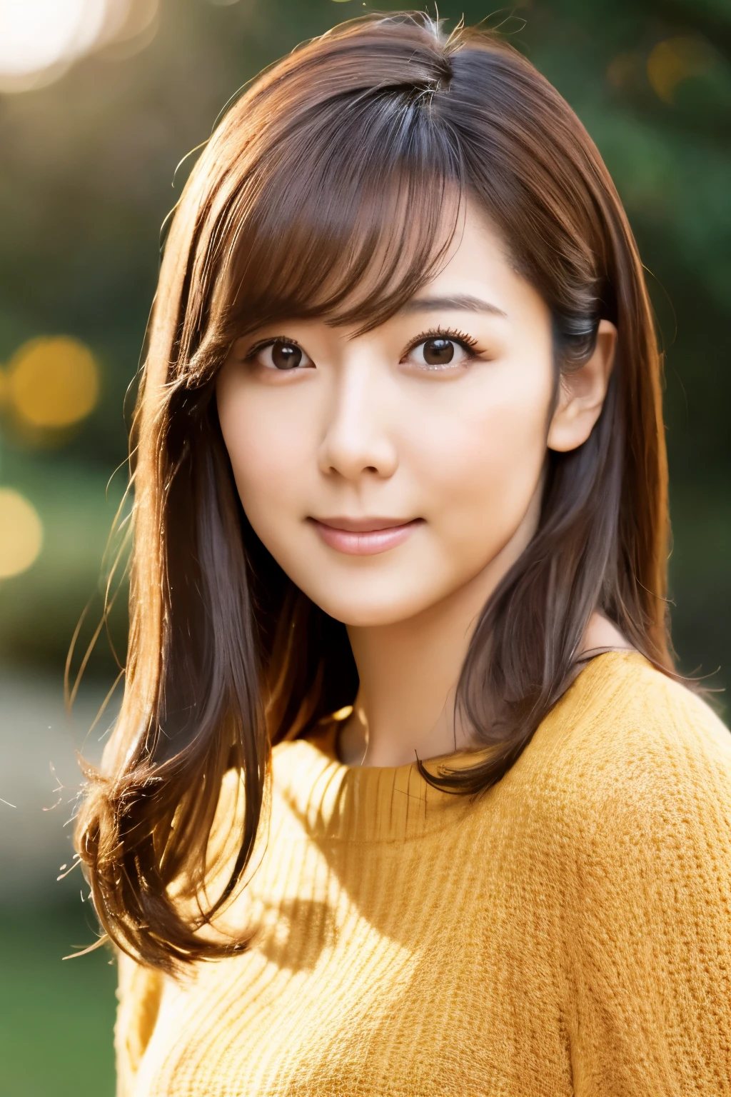 portrait, 8K, high quality, realistic photo images, 39 years old, japanese woman, clear,sexy, Wearing a knitted sweater,Reproduces natural and realistic eyes, japanese stand, waiting for someone, beautiful brown hair, beautiful lighting, golden ratio composition, hair combing gesture, natural background, garden, 4K, high quality, realistic photo images, beautiful, chest, Neat beauty,