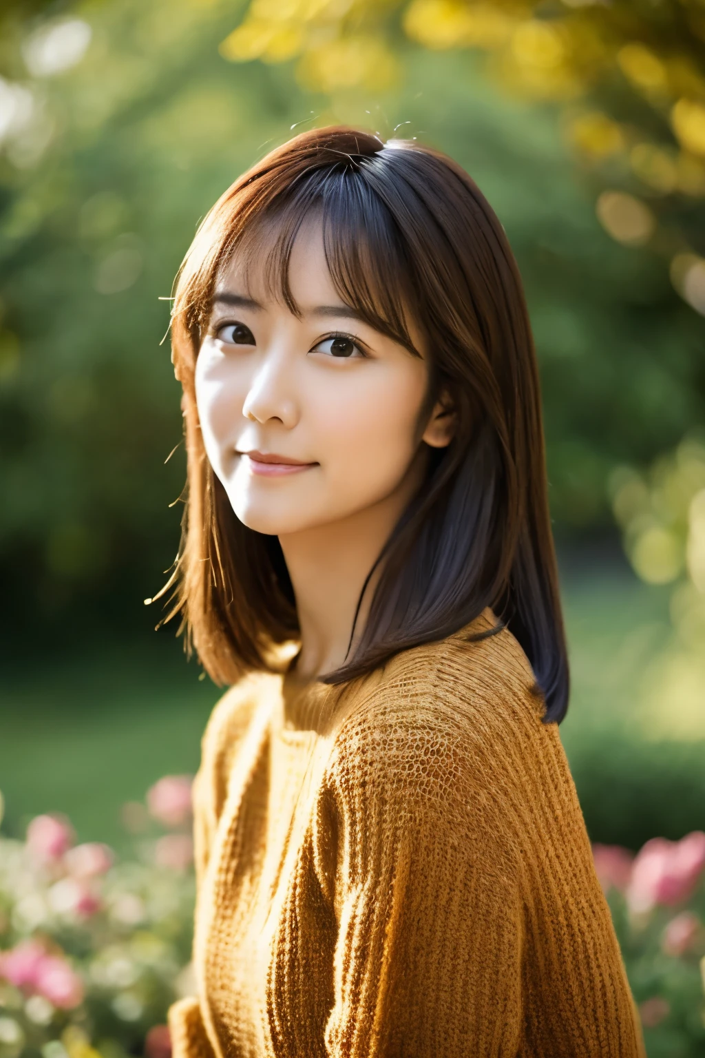 portrait, 8K, high quality, realistic photo images, 39 years old, japanese woman, clear,sexy, Wearing a knitted sweater,Reproduces natural and realistic eyes, japanese stand, waiting for someone, beautiful brown hair, beautiful lighting, golden ratio composition, hair combing gesture, natural background, garden, 4K, high quality, realistic photo images, beautiful, chest, Neat beauty,