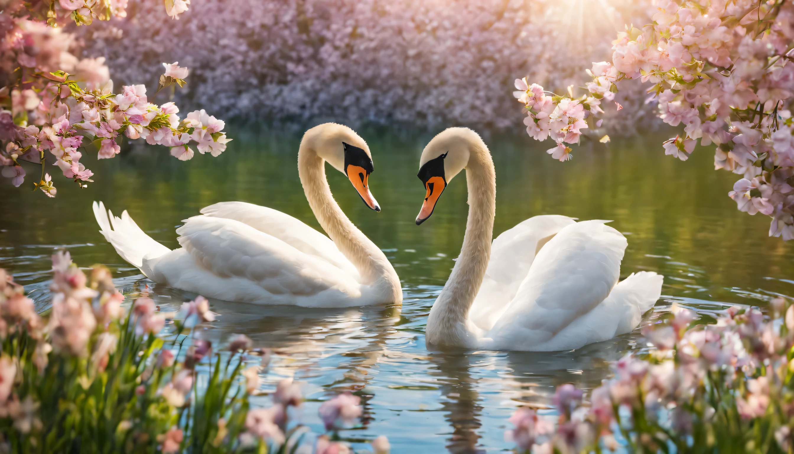 a pair of swans swimming on the lake, spring lake surrounded by blooming flowers, pair of swans forming a heart shape, spring lake, sparkling sunlight