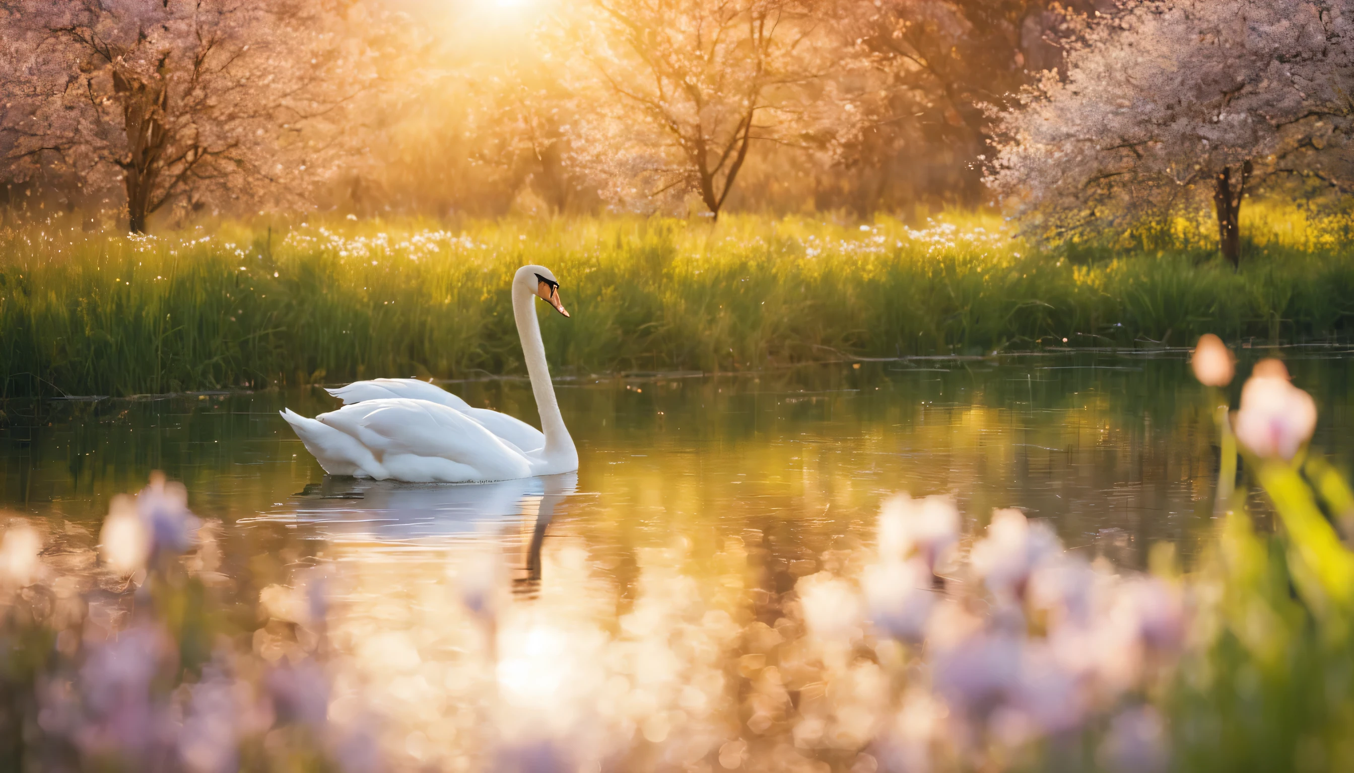 a pair of swans swimming on the lake, spring lake surrounded by blooming flowers, pair of swans forming a heart shape, spring lake, sparkling sunlight