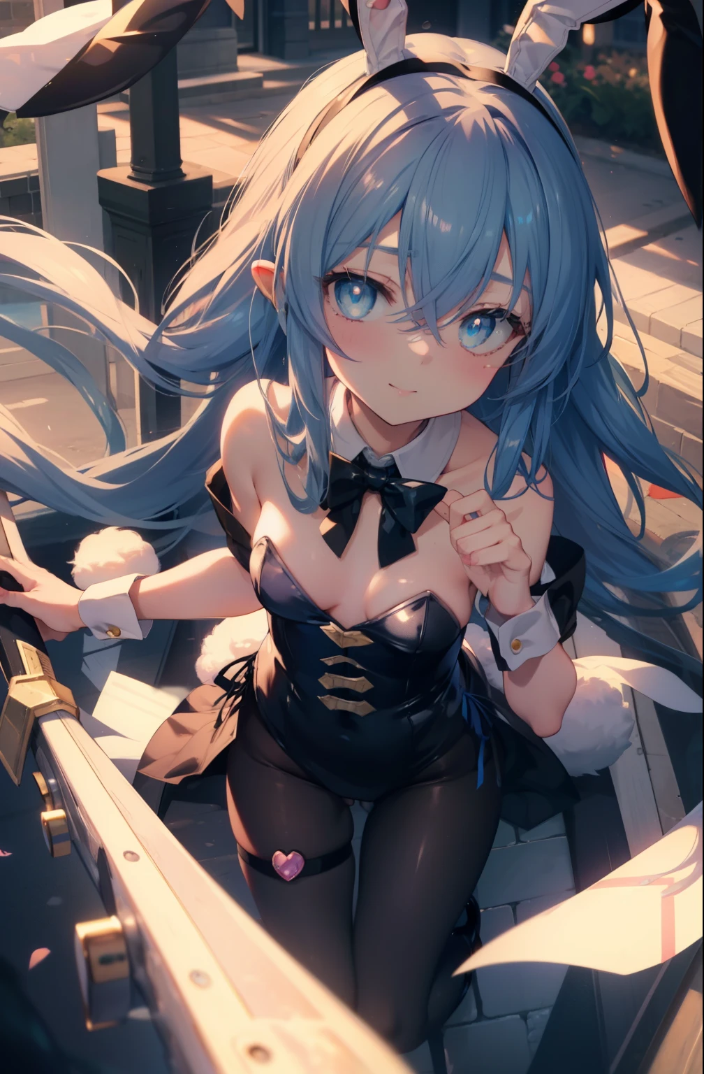 Roxymigurdia, Roxy, Ahoge, black ribbon, blue eyes, blue hair, hair between eyes, hair ribbon, long hair, blush,embarrassing,smile,(Bunny girl:1.5),(White Playboy Bunny:1.0),black pantyhose,stiletto heels,have a magic wand,
break looking at viewer,
break outdoors, city,
break (masterpiece:1.2), highest quality, High resolution, unity 8k wallpaper, (figure:0.8), (detailed and beautiful eyes:1.6), highly detailed face, perfect lighting, Very detailed CG, (perfect hands, perfect anatomy),