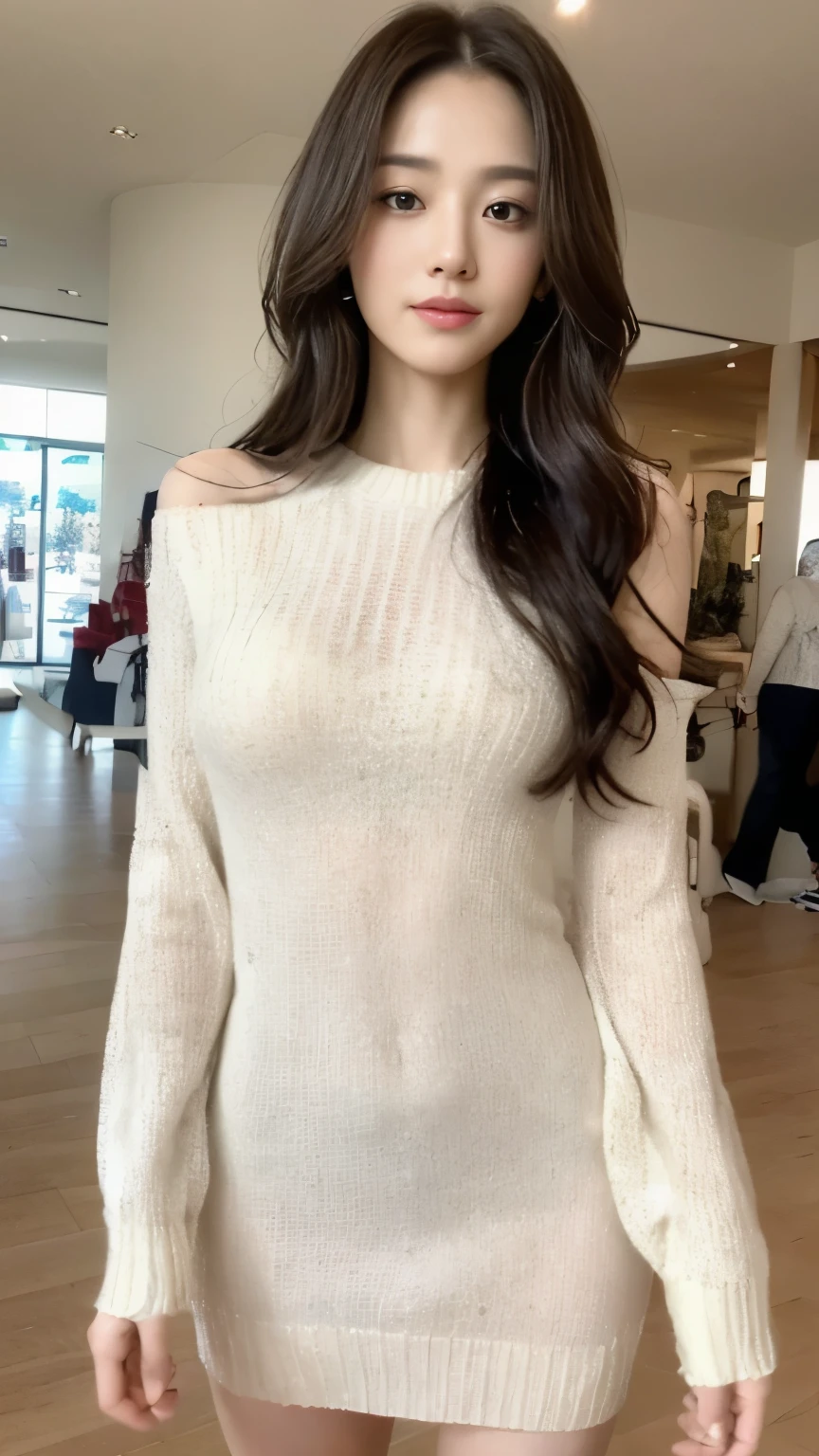 ((top-quality、8k、masterpiece:1.3))、Beautiful woman with perfect body:1.4、slim abdomen:1.2、Longhair, normal breast, Highly detailed facial and skin texture, A detailed eye, delicate eyes, double eyelid, (smile), (full body shot), ((standing on shopping mall)), (standing), (((wearing white sweater dress1.1 )), looking in front