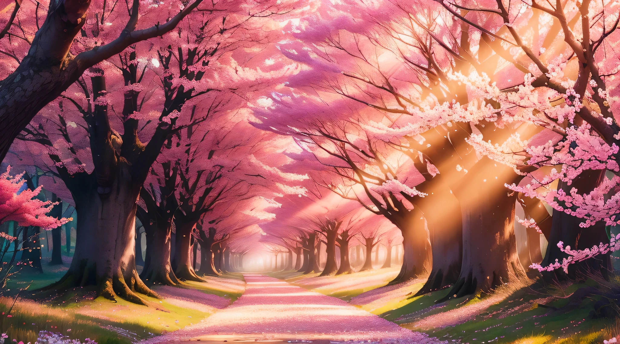 arafed image of a path in a forest with pink flowers, blossoming path to heaven, cherry blossom forest, pink sunlight, pink forest, in pink forest, magical colours and atmosphere, radiant morning light, cherry blossom trees, magical colors and atmosphere, magical landscape, beatiful backgrounds, beautiful nature, really beautiful nature, pink trees, springtime morning, beautiful trees