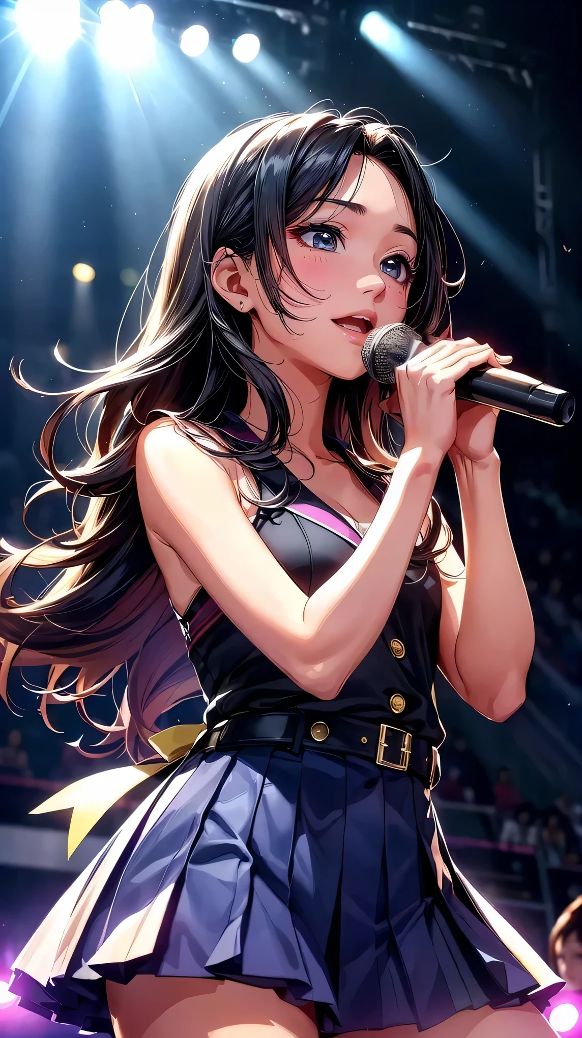 (8k, Ultra-high resolution, The best masterpiece, best quality:1.2), Very detailed, Complete Solution, (actual, actual photo: 1.37), focus on eyes, HD RAW photos, career arrest, High quality and beautiful, 超高清 8k 影像照片, confess, Professional photography, Very detailed的美麗女孩, Super delicate face shape, Contoured eyes, (Very detailed eyes), Precisely shaped nose, expressive lips, Delicate skin, (HD Skin:1.2), Neatly contoured fingers, Every feature is carefully displayed, (25:1.2), Twenty generations, cute girl, Beautiful mature lady, solo, k-pop artist, Very beautiful Korean singing idol, (Sing:1.2) (Dynamic dance performance poses:1.2), Vibrant look, (Creative colorful idol skirt:1.2), shiny decoration, top idol, Dynamic long hair, sparkling amber eyes, red lips, Heavy makeup, Big breasts, (Hold the microphone), one hand raised, Sensual dance, powerful dance, (music stage) Indoors, large concert, (neon lights:1.3), stage spotlight, (Colored spotlight), swirl pattern, (audience:1.2), (A group of energetic and passionate fans:1.4), perfect anatomy, Detailed background, HD Background, , (Volumetric lighting, Dynamic lighting:1.2), actual, stunning details, 8k Ultra HD, high quality, CG unity, C4D Rendering, 3D Rendering