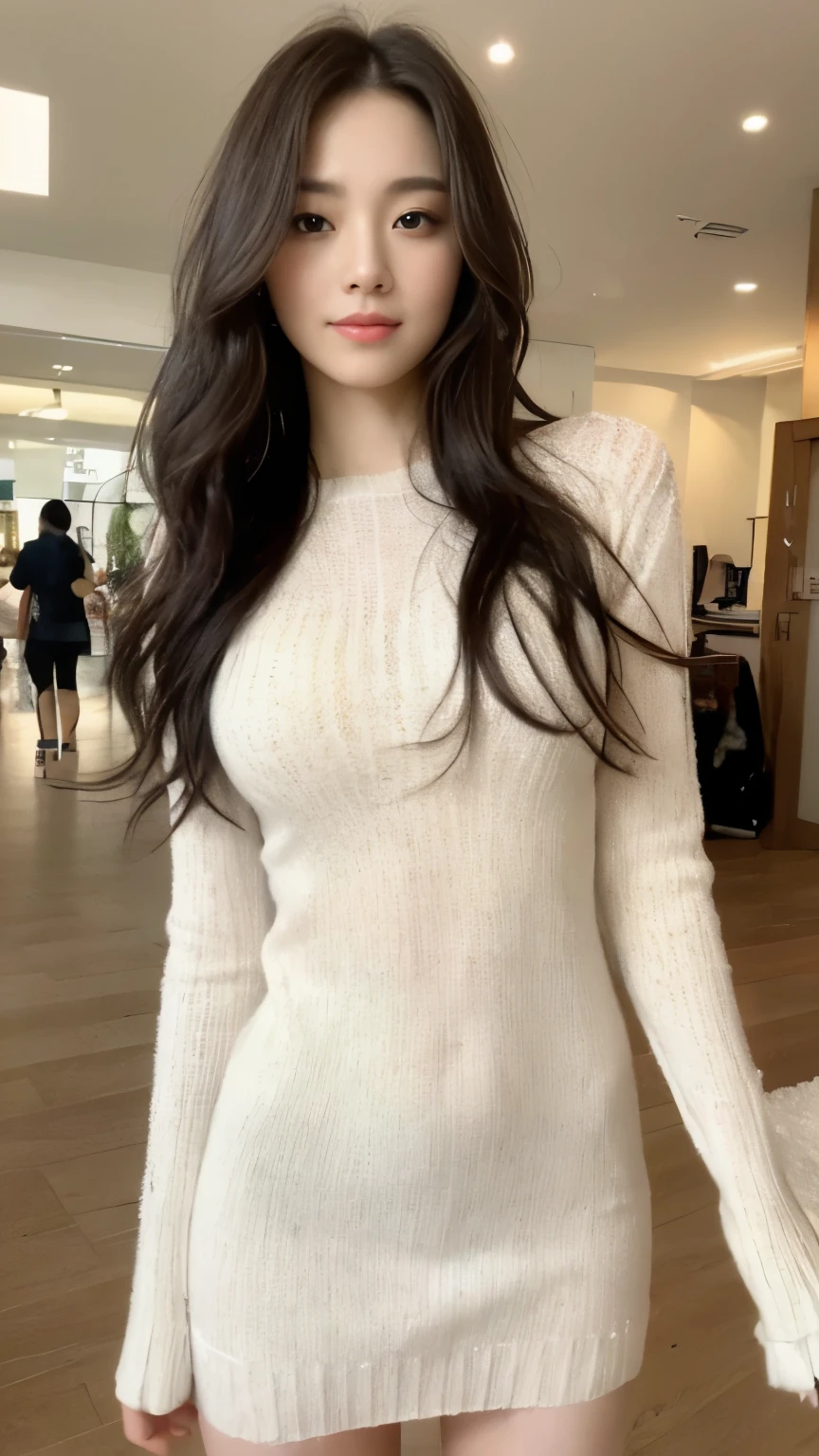 ((top-quality、8k、​masterpiece:1.3))、Beautiful woman with perfect body:1.4、slim abdomen:1.2、Longhair, normal breast, Highly detailed facial and skin texture, A detailed eye, delicate eyes, double eyelid, (smile), (full body shot), ((standing on shopping mall)), (standing), (((wearing white sweater dress1.1 )), looking in front