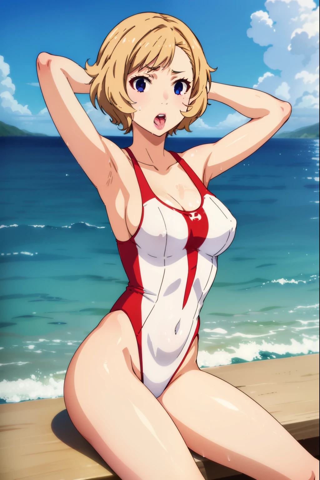 itsukisumeragi, itsuki sumeragi, short hair, blue eyes, solo, 1girl, swimsuit, red_one-piece_swimsuit, breasts, navel, blond_hair, outdoors, tongue, armpits, tongue_out, beach, medium breasts, red slingshot_swimsuit, short_hair, blush, areola_slip, day, sitting, wet, ocean, ahegao, sky, covered_nipples, thighs, water, blue_eyes, arms_up, open_mouth, spread_legs, blue_sky, bangs, red one-piece_swimsuit, cloud, arms_behind_head, collarbone