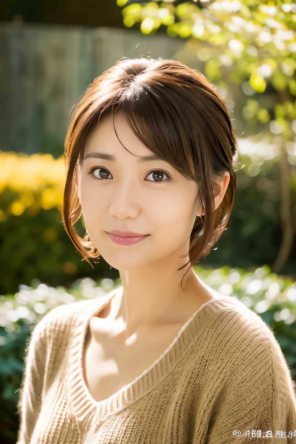 portrait, 8K, high quality, realistic photo images, 39 years old, japanese woman, clear,sexy, Wearing a knitted sweater,Reproduces natural and realistic eyes, japanese stand, waiting for someone, beautiful brown hair, beautiful lighting, golden ratio composition, hair combing gesture, natural background, garden, 4K, high quality, realistic photo images, beautiful, chest, Neat beauty,