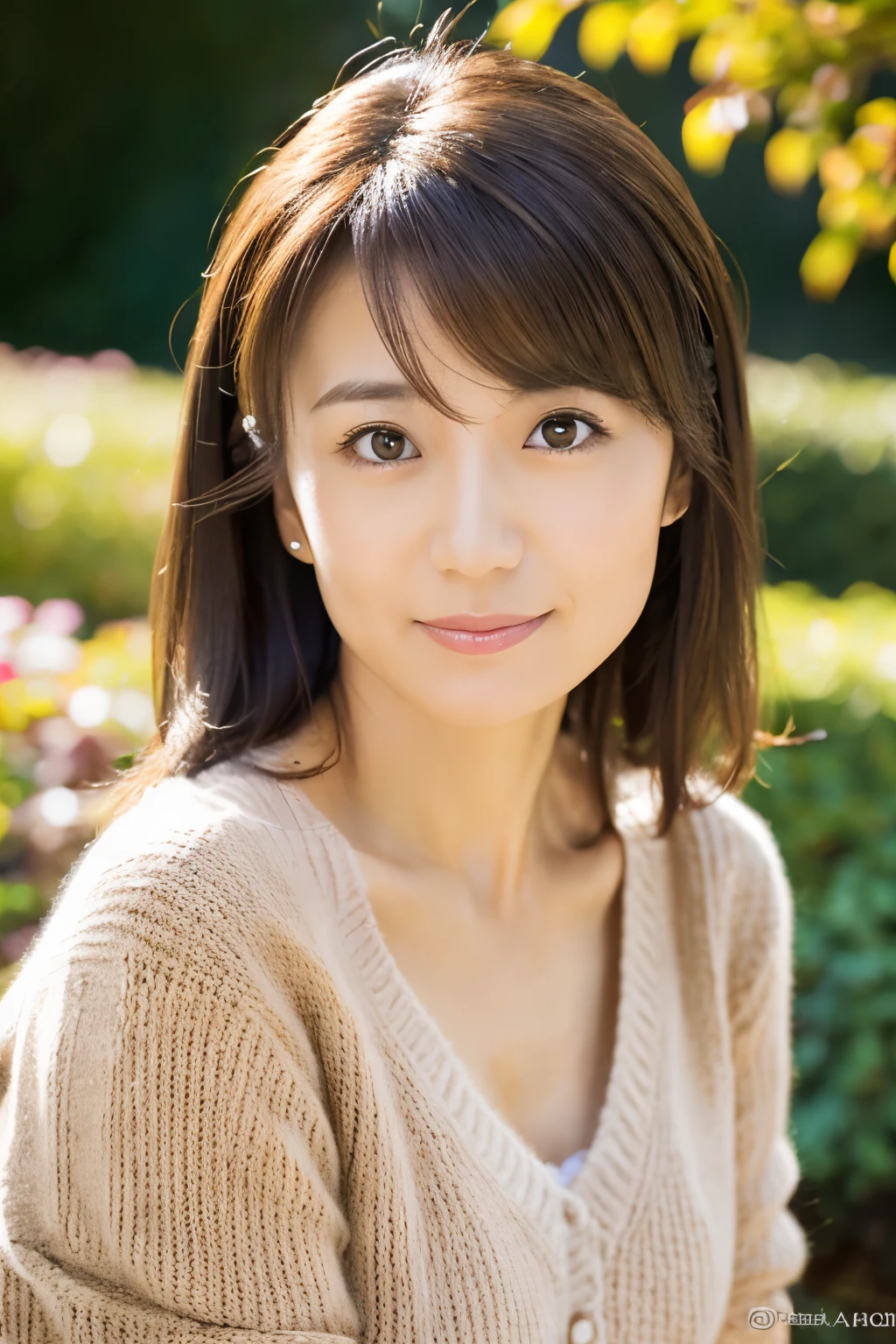 portrait, 8K, high quality, realistic photo images, 39 years old, japanese woman, clear,sexy, Wearing a knitted sweater,Reproduces natural and realistic eyes, japanese stand, waiting for someone, beautiful brown hair, beautiful lighting, golden ratio composition, hair combing gesture, natural background, garden, 4K, high quality, realistic photo images, beautiful, chest, Neat beauty,