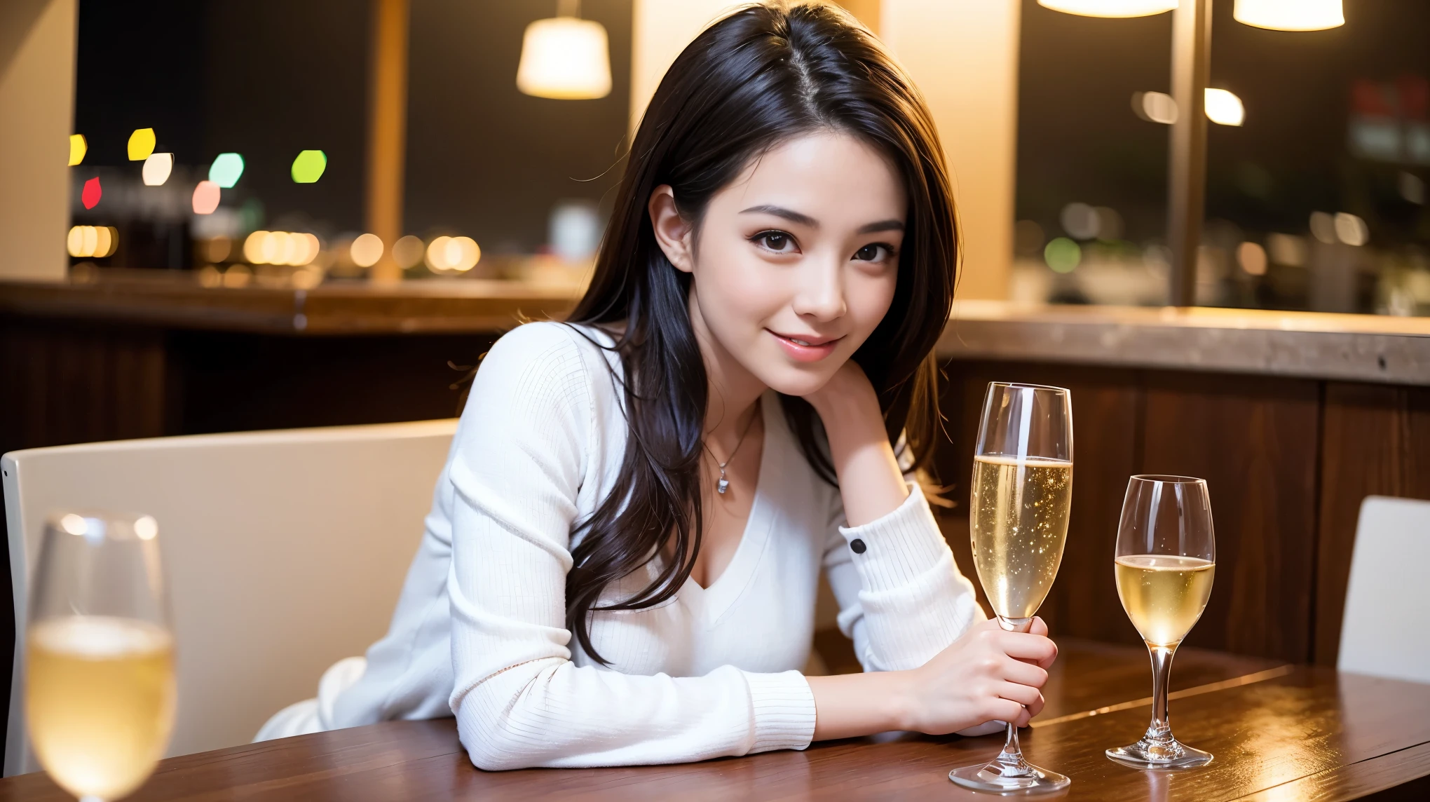 (including 64k, nffsw, highest quality, table top: 1.2), (realistic, photorealistic: 1.37),Spectacular view of the evening sky, clouds, and rainbow、best scenery、Spectacular sunset view、 long sleeve shirt、winter fashion、Columbia、Brazilian、Japanese、Dutch、German、Portuguese、Belgian、Italian、French,Champagne、sparkling wine、 (slimフェイス), (slimボティ), (brown hair), (shortcut), neat beauty、cheeks turn a little red, (35 years old), 38 years old, alone, 窓の外には美しく緻密なnight景が広がります., restaurant, wine glassが座っている, nightに, in a prominent place (from the Upper body) nova frog style, actress, model, Upper body, White wine, slim, wine glass, Super Clean night View, wine glass Put in the Middle, Happy smile, (smile: 1.15), beautiful and detailed eyes, Upper body, bust japan up, night, short, short, actress, model, Upper body, White wine, slim, wine glass, Super Clean night View, wine glass Put in the Middle, Happy smile,