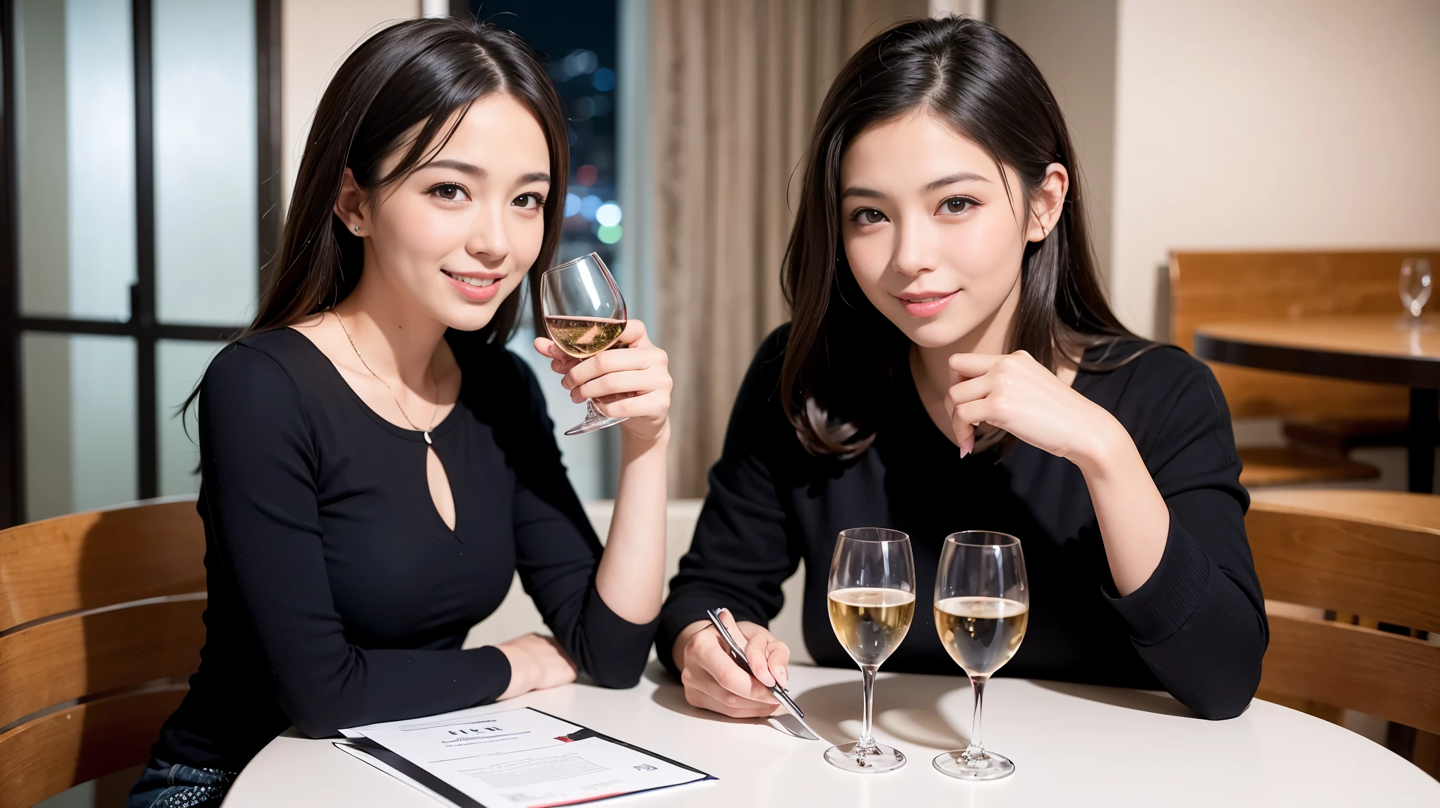 (including 64k, nffsw, highest quality, table top: 1.2), (realistic, photorealistic: 1.37),Spectacular view of the evening sky, clouds, and rainbow、best scenery、Spectacular sunset view、 long sleeve shirt、winter fashion、Columbia、Brazilian、Japanese、Dutch、German、Portuguese、Belgian、Italian、French,Champagne、sparkling wine、 (slimフェイス), (slimボティ), (brown hair), (shortcut), neat beauty、cheeks turn a little red, (35 years old), 38 years old, alone, 窓の外には美しく緻密なnight景が広がります., restaurant, wine glassが座っている, nightに, in a prominent place (from the Upper body) nova frog style, actress, model, Upper body, White wine, slim, wine glass, Super Clean night View, wine glass Put in the Middle, Happy smile, (smile: 1.15), beautiful and detailed eyes, Upper body, bust japan up, night, short, short, actress, model, Upper body, White wine, slim, wine glass, Super Clean night View, wine glass Put in the Middle, Happy smile,