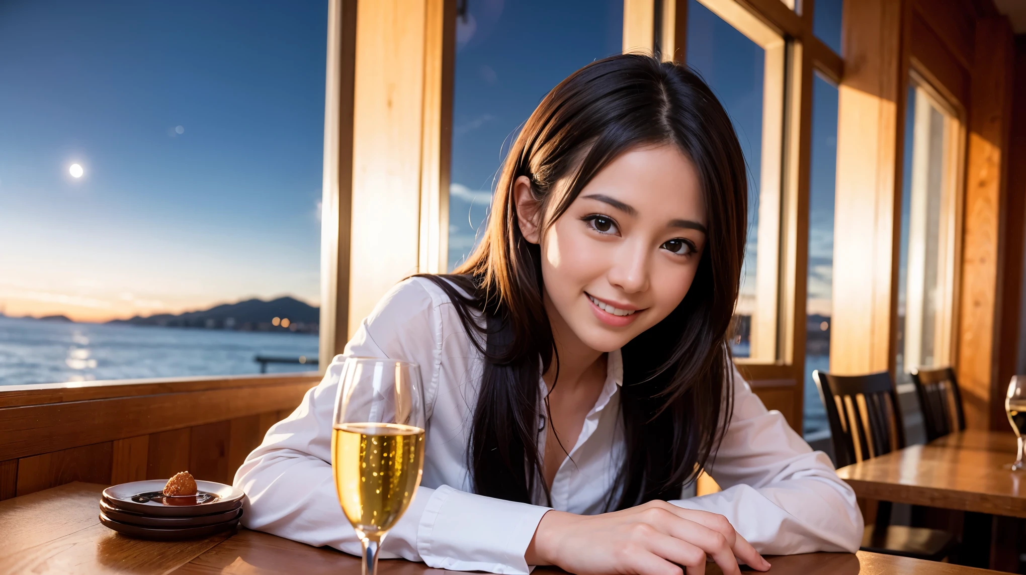 (including 64k, nffsw, highest quality, table top: 1.2), (realistic, photorealistic: 1.37),Spectacular view of the evening sky, clouds, and rainbow、best scenery、Spectacular sunset view、 long sleeve shirt、winter fashion、Columbia、Brazilian、Japanese、Dutch、German、Portuguese、Belgian、Italian、French,Champagne、sparkling wine、 (slimフェイス), (slimボティ), (brown hair), (shortcut), neat beauty、cheeks turn a little red, (35 years old), 38 years old, alone, 窓の外には美しく緻密なnight景が広がります., restaurant, wine glassが座っている, nightに, in a prominent place (from the Upper body) nova frog style, actress, model, Upper body, White wine, slim, wine glass, Super Clean night View, wine glass Put in the Middle, Happy smile, (smile: 1.15), beautiful and detailed eyes, Upper body, bust japan up, night, short, short, actress, model, Upper body, White wine, slim, wine glass, Super Clean night View, wine glass Put in the Middle, Happy smile,