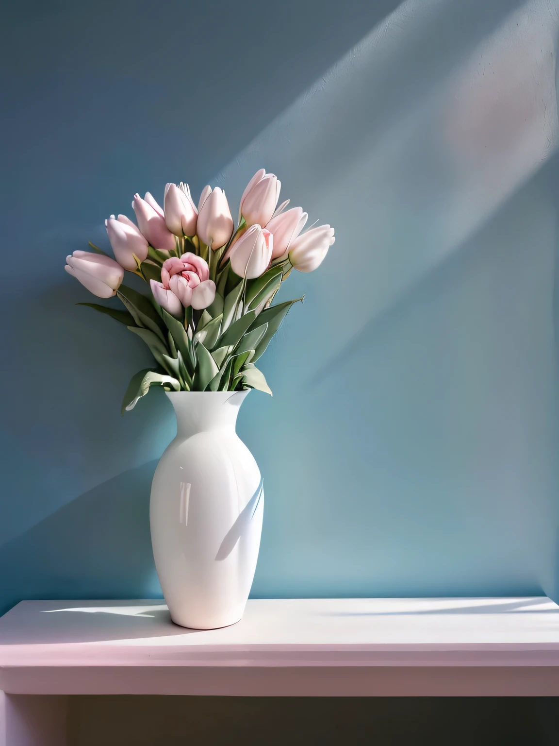 High resolution, 8k ultra hd, Minimal color, negative space, tulips in front of the blue wall, white and soft pink, White vase, top half of wall, lower half of flower, flowers under the holy bright sun