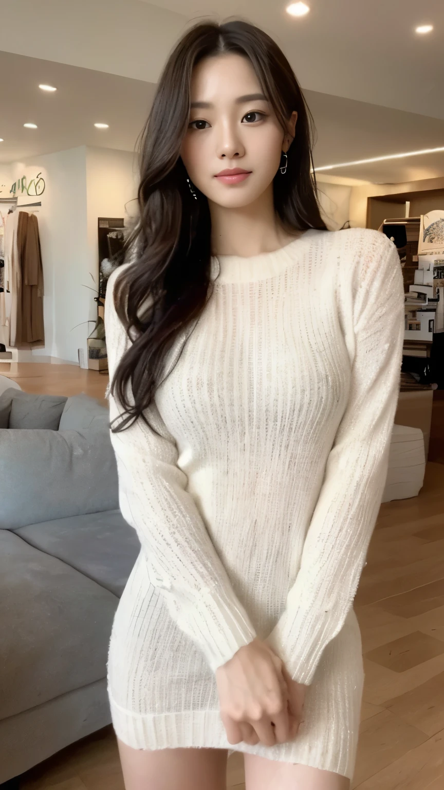 ((top-quality、8k、​masterpiece:1.3))、Beautiful woman with perfect body:1.4、slim abdomen:1.2、Longhair, normal breast, Highly detailed facial and skin texture, A detailed eye, delicate eyes, double eyelid, (smile), (full body shot), ((standing on shopping mall)), (standing), (((wearing white sweater dress1.1 )), looking in front