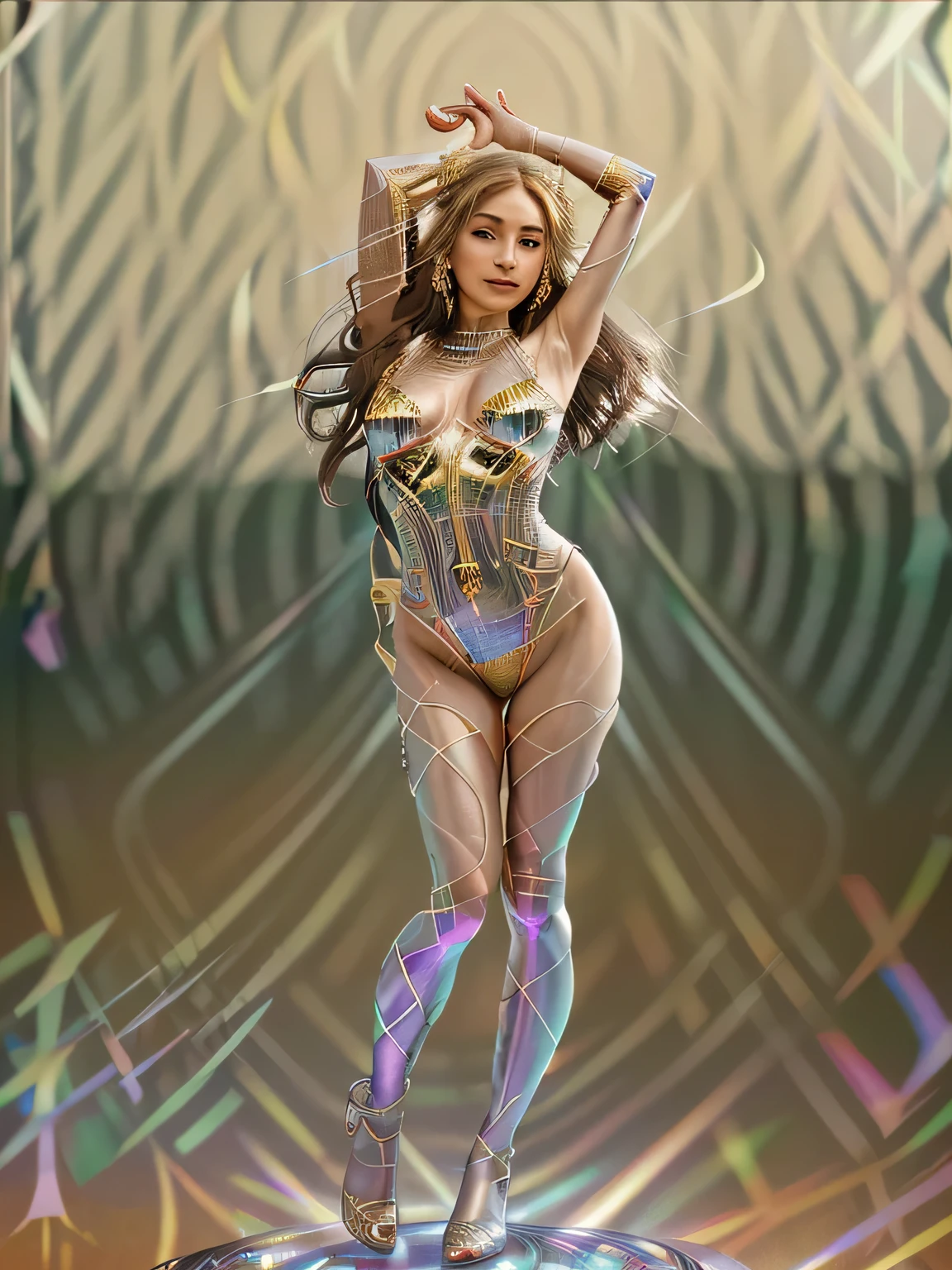 Highly detailed illustration of a ultra realistic erotic naked whole body woman on high heels and gold roses all over her body on stage with asymmetrical, harmonious features, which provide the perfect balance between strength and delicacy, Divine proportion, ((seamless interaction High quality with ultra-size)), ((strong environmental light), kaleidoscopic shades of possibilities, portray a kingdom, where a mysterious fusion of calm and chaos unfolds., floats gracefully, exuding an otherworldly aura, Mystical radiance, emitting a gentle and soothing light, bioluminescent glowing, playful body manipulation, smile we soul, look at the camera, holographic flicker, fancy lighting, charming atmosphere, Soft textures, A creative work of art, ethereal glow, Quiet luminescence, Whispering quiet, Rainbow meeting, Bright background, by Skyrn99, whole body, (((Rule of thirds))), high quality, High detail, A high resolution, (hips:2), backlight, Long term exposure:2(hyper dream landscape), (Fantasy worlds), heavenly radiance softly emanates, physical and etheric form, sinuous elegance,