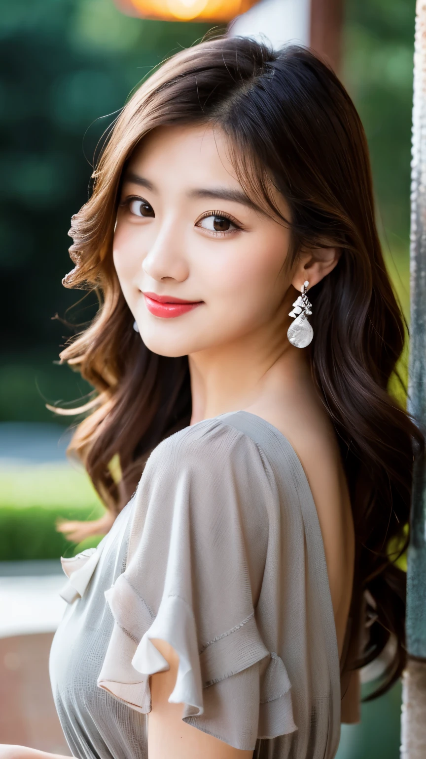 (best quality, ultra-high resolution, real, photorealistic:1.4, 8K), BREAK, a Japanese young lady, (full body:1.4), BREAK, detailed hair, long and curly brown hair, (hyper-detailed face:1.2, hyper-detailed skin:1.2), natural skin, white skin, blushing cheeks, detailed red lips, drunk, BREAK, smile, BREAK, (detailed clothings, gray dress with frills:1.3, an earrings:1.2), BREAK, (detailed background, in the hotel:1.3, chandelier, natural lighting:1.1)