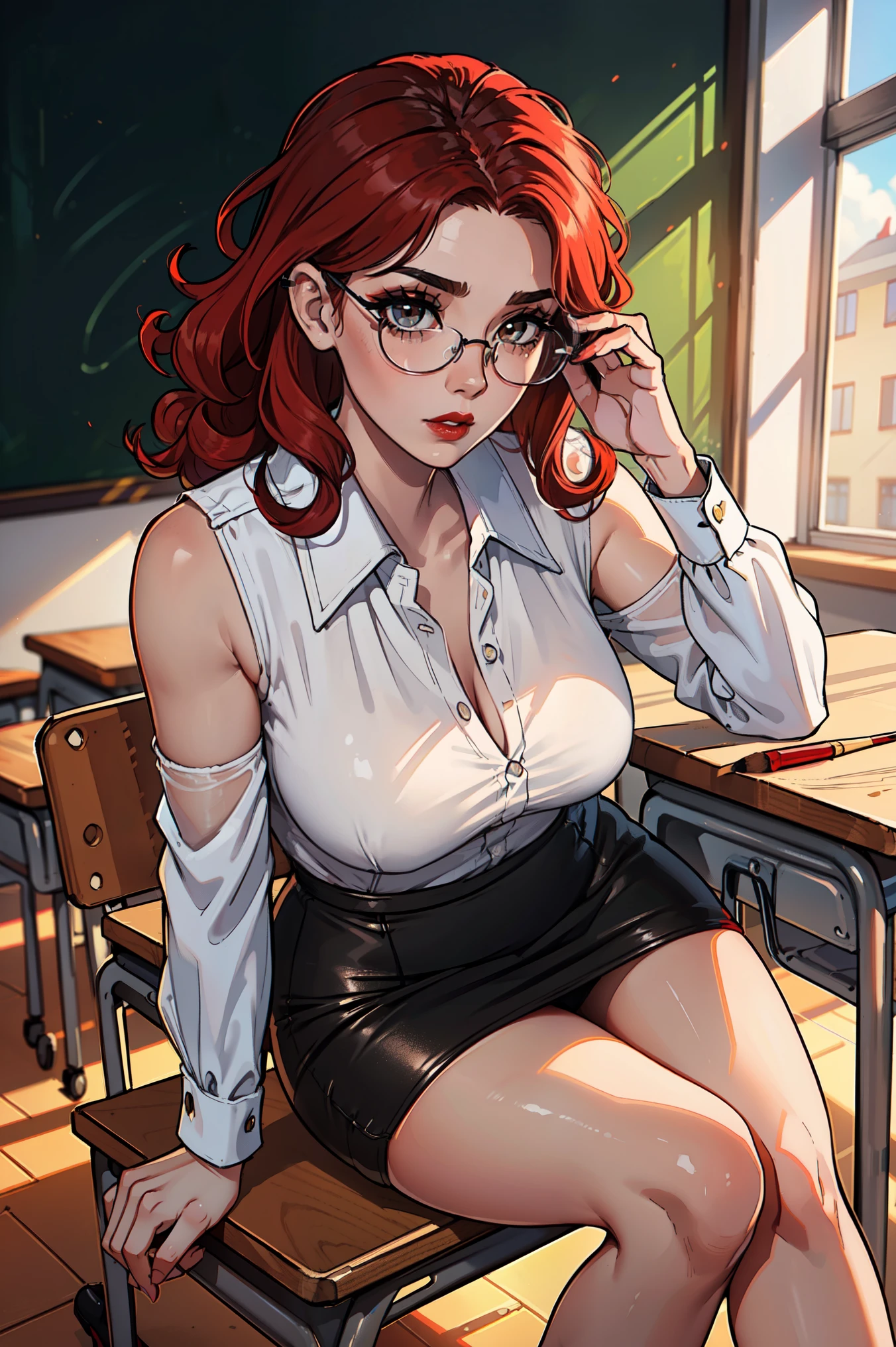 20 years old Girl in a library, sexy librarian with glasses outfit, medium breast, shining skin, dramatic lighting, pin up style, sexy, surprised, , colorful , masterpieces, illustrated, shining skin, detailed face, Medium breast. tight body. red hair, Illustrated BY Zoe Mozert,   pinup art byZoe Mozert,  vintage pin up, illustrated by Zoe Mozert, girl pinup, pinup girl, pin-up poster girl, pin up girl, pinup, pin - up girl, Detailed face, Detailed Hands, Detailed legs,