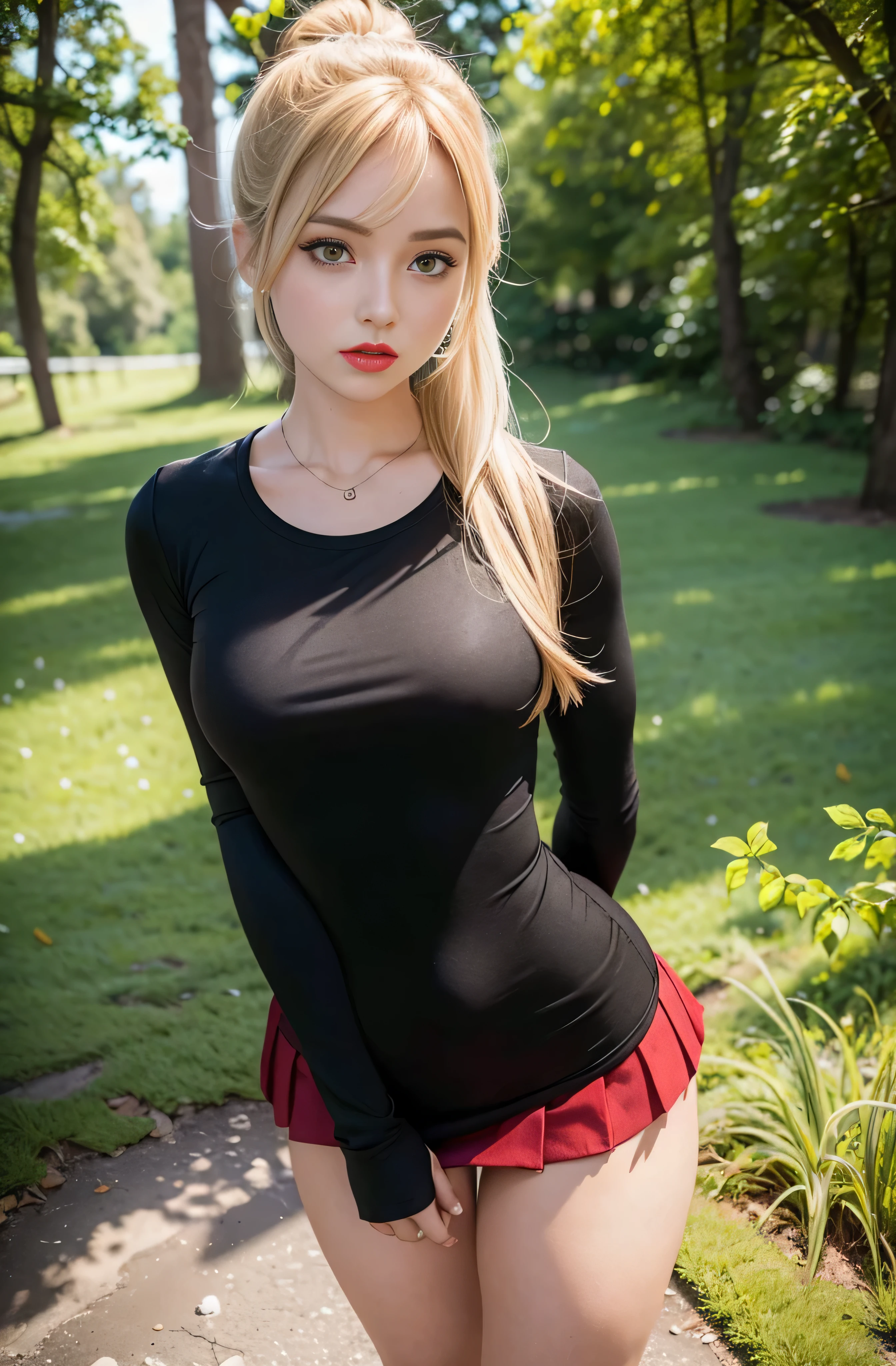 25 years , Enji Night, ((ella es Enji Night)), small breasts, ojos grandes, primer plano en los muslos, polera deportiva muy ajustada, minifalda de mezclilla, trazado de rayos, HDR, sentada con las piernas cruzadauslos muy gruesos)), ((caderas muy anchas)), ((cintura muy delgada)), 4k, realistic, charismatic, very detailed, there is a girl in the forest, alone, dressed in a short miniskirt girl costume, she is a school girl, angel face, school theme, ((blonde extra large hair)), ponytail, full body, (detail in the eyes), (detail in the face), ((small breasts)), incredibly beautiful, green eyes, blush, ((makeup)), ((red lipstick)), ((short miniskirt)), (wide hips), (thick thighs), ((small breasts)), (very short uniform), school girl, seductive pose, (extreme hourglass figure), thin, svelte, (boots)), ((tight black t-shirt)), forest, cuerpo completo