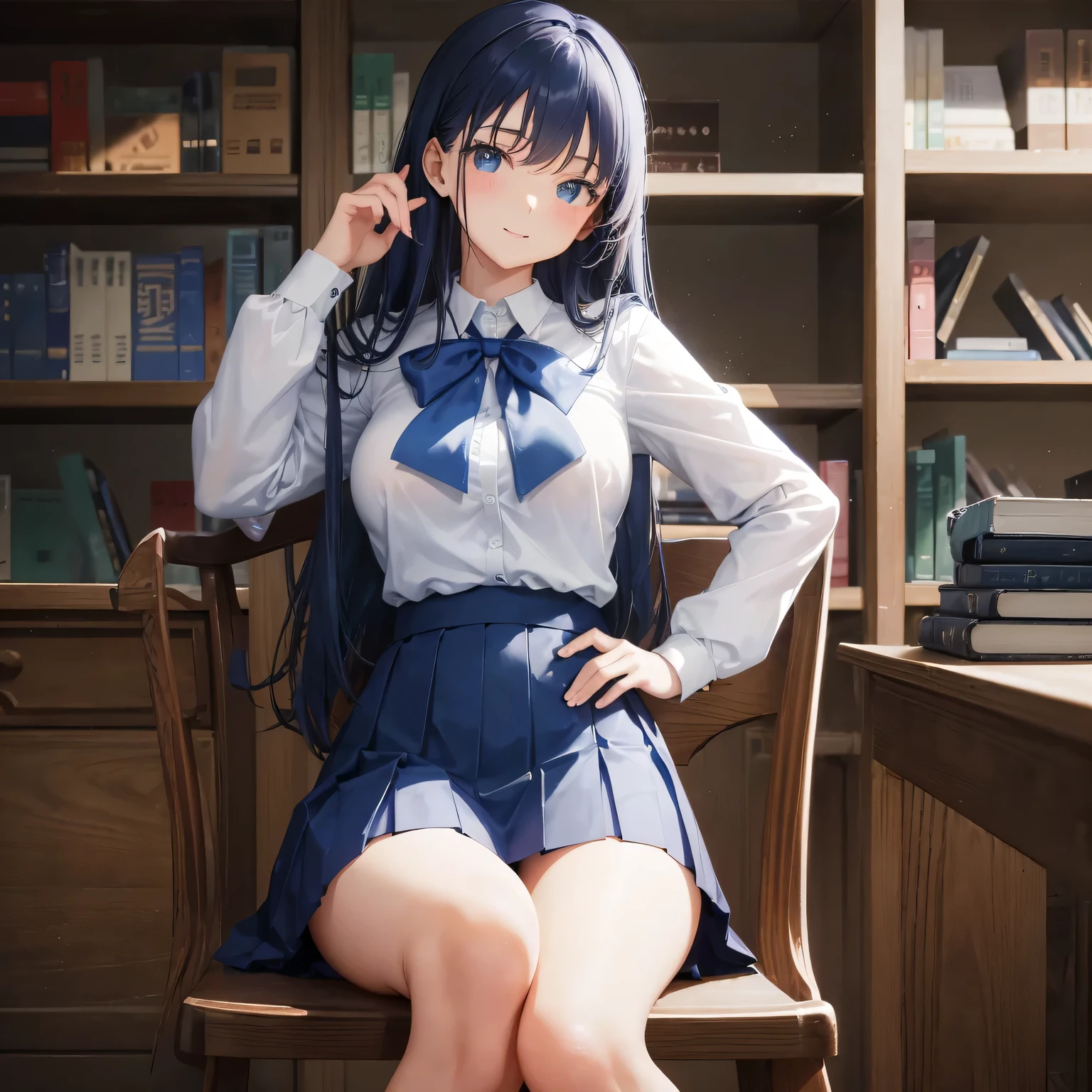 1 high school girl　alone　high school uniform　White Y shirt long sleeve　blue ribbon　dark blue hair color　dark blue hair color　big breasts　library　学校のlibrary　bookshelf　sit on a chair　loafers　full body portrait　slim body shape　cool look　Laugh a little　mini skirt